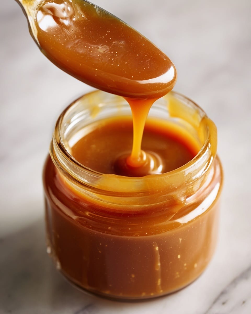 A small clear glass jar filled with thick, smooth caramel sauce that has a rich brown color. Above the jar, a spoon holds some caramel, with a thin stream slowly dripping back into the jar. The jar sits on a white marbled surface, and the bright lighting highlights the glossy texture of the caramel. photo taken with an iphone --ar 4:5 --v 7