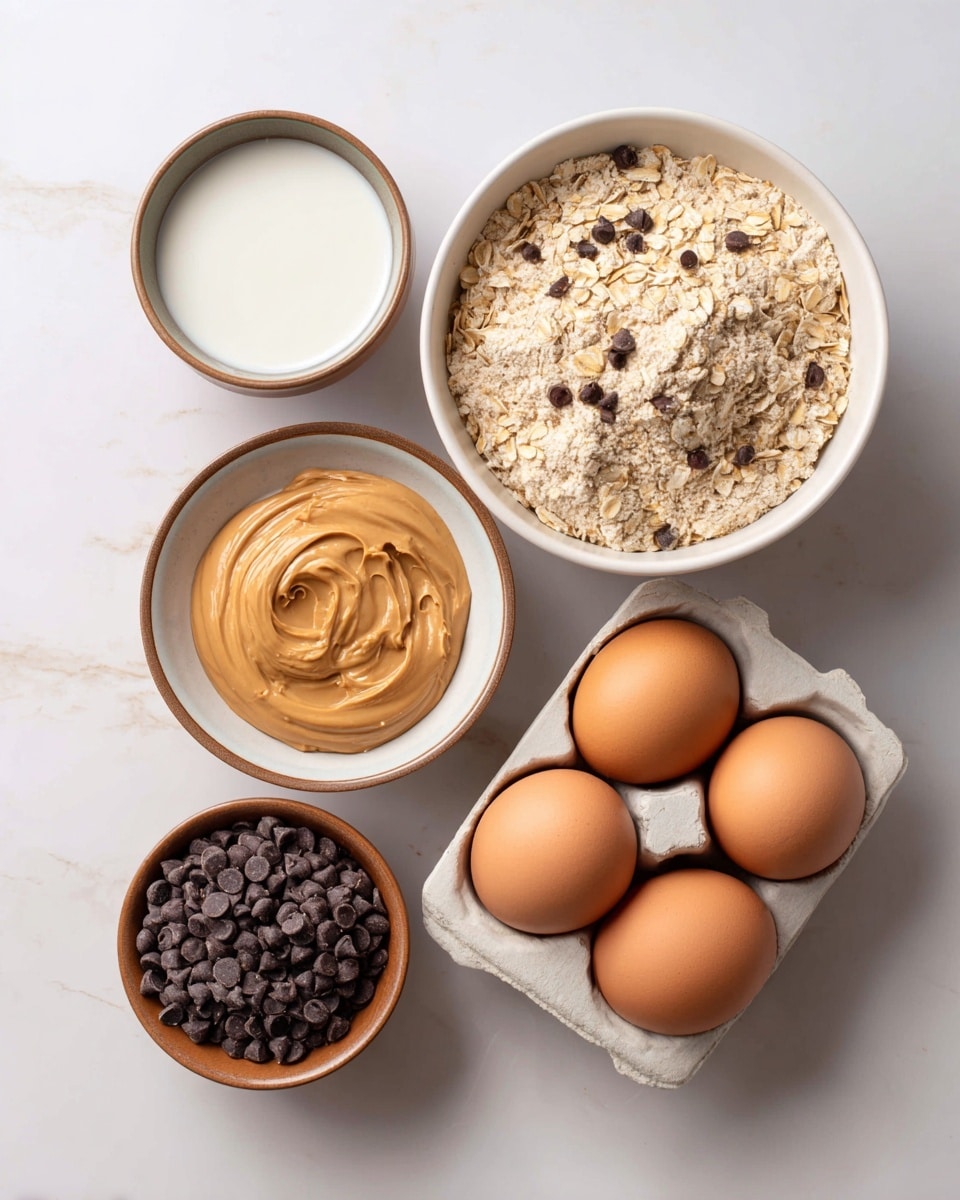 The image shows six brown eggs in a white rectangular egg tray at the bottom right. Above the eggs, there is a large white bowl filled with light beige oat flour mixed with small dark brown chocolate chips. To the left, there are four small white bowls arranged vertically: the top bowl contains white milk, the second holds dark brown chocolate chips, the third is filled with smooth, light brown peanut butter, and the bottom bowl contains raw oats that are light beige with a rough texture. All bowls and egg tray are placed on a white marbled surface. photo taken with an iphone --ar 4:5 --v 7