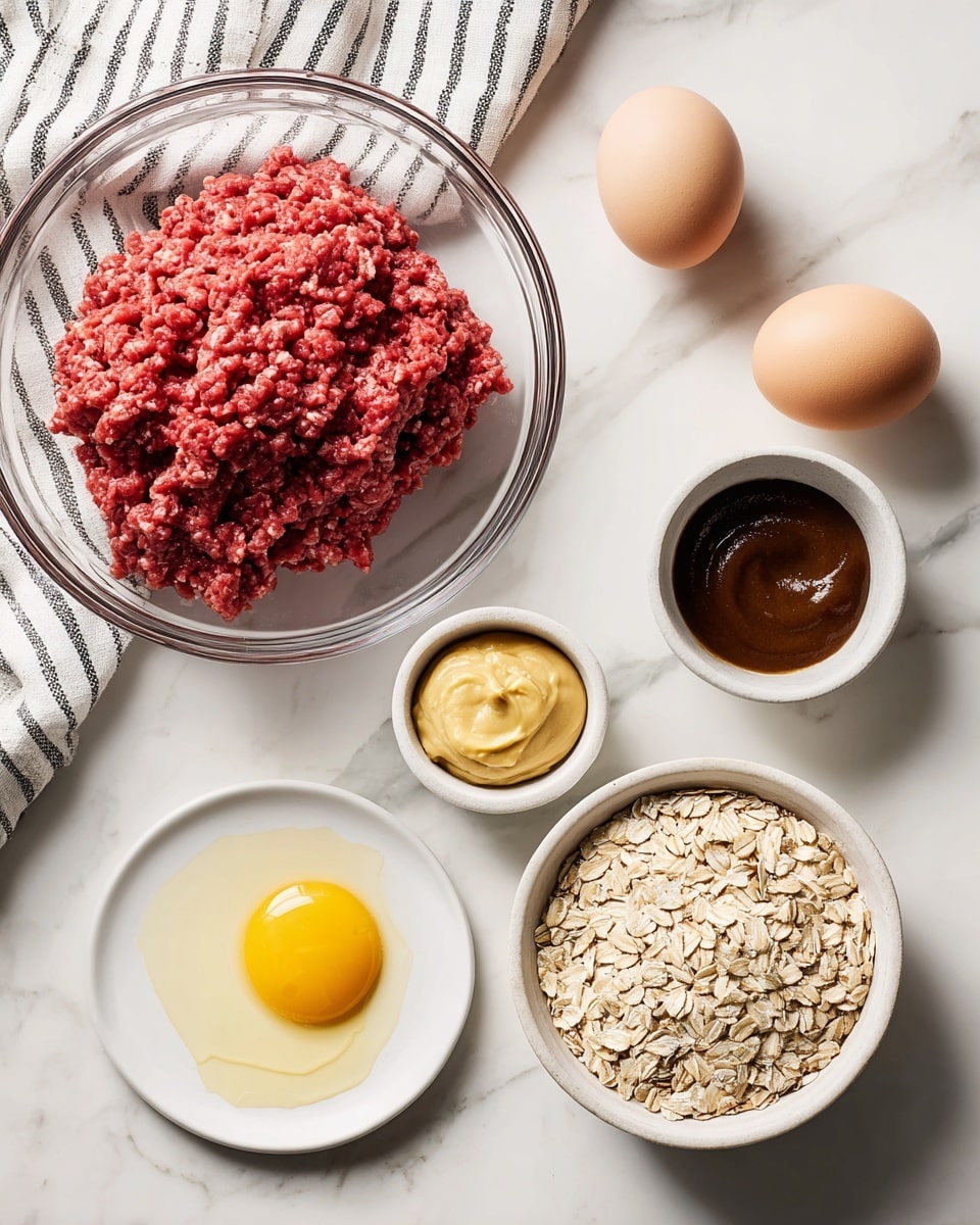 A clear glass bowl filled with fresh red ground beef is placed on a white marbled surface, surrounded by smaller white bowls and dishes. One white bowl contains pale beige rolled oats with a rough texture. Another white bowl holds a smooth, thick dark brown sauce. A round white dish has a small amount of yellow mustard and dark soy sauce swirled side by side. Two brown eggs sit near these bowls, one resting on the marbled surface. A white cloth with black stripes is partially visible in the top background. Photo taken with an iphone --ar 4:5 --v 7