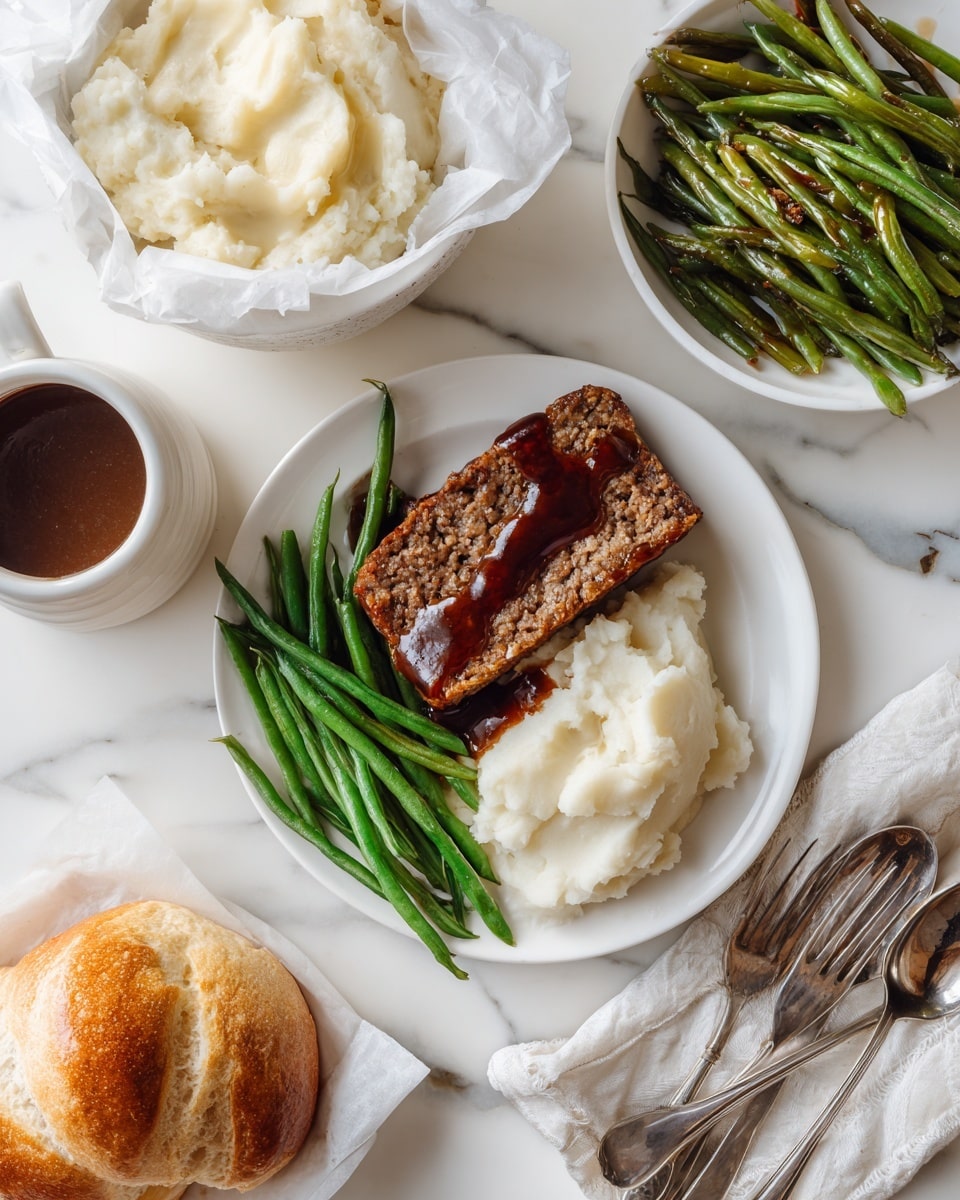 A white plate on a white marbled surface holds a meal with three clear layers: the bottom layer is creamy mashed potatoes with a soft and slightly fluffy texture in off-white color; on top of that, two thick slices of dark brown meatloaf covered with shiny, rich brown gravy sit in the center; to the right of the meatloaf lies a serving of bright green cooked green beans with a slight gloss and some char marks. Around the plate, there is a round loaf of crusty brown bread wrapped in white paper to the right, a bowl of mashed potatoes at the top, a small bowl of brown gravy on the left, and vintage silver fork and spoon at the bottom right. photo taken with an iphone --ar 4:5 --v 7