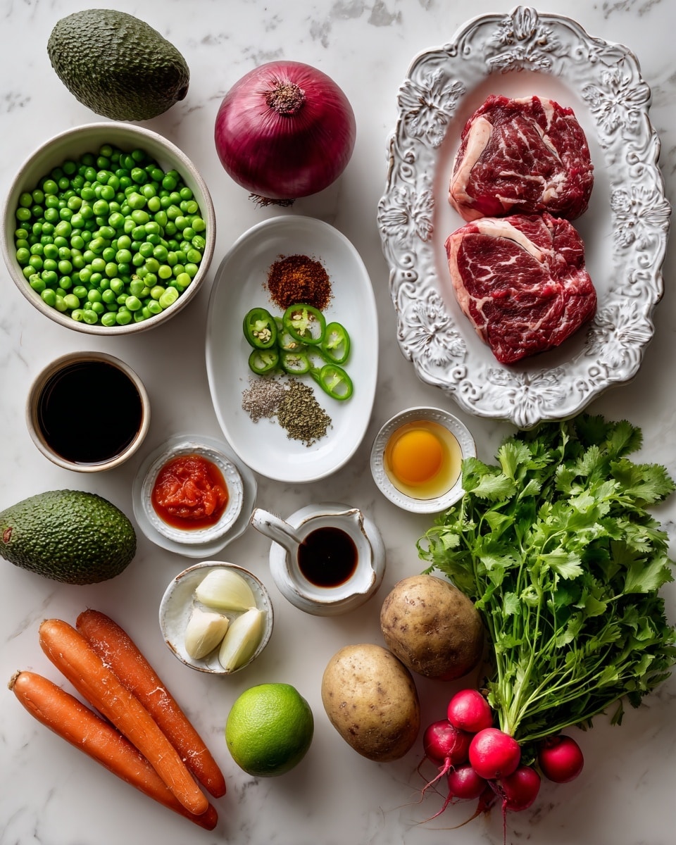The image shows fresh ingredients arranged neatly on a white marbled surface. At the top right, raw marbled red meat with white fat sits on a small white decorative plate. Below it is a whole red onion, round and smooth, next to an oval white dish holding three small piles of brown and green dried spices. In the center, small white bowls contain red sauce, green sliced jalapeños, light beige garlic pieces, honey-colored liquid, dark soy sauce, and a clear liquid in a small measuring cup. Fresh green peas fill a white bowl on the left, with two long orange carrots and two red potatoes lying nearby on the right. A bunch of bright green cilantro leaves, fresh green lettuce leaves, a whole dark green avocado, a green lime, and three small red radishes complete the scene. Photo taken with an iphone --ar 4:5 --v 7