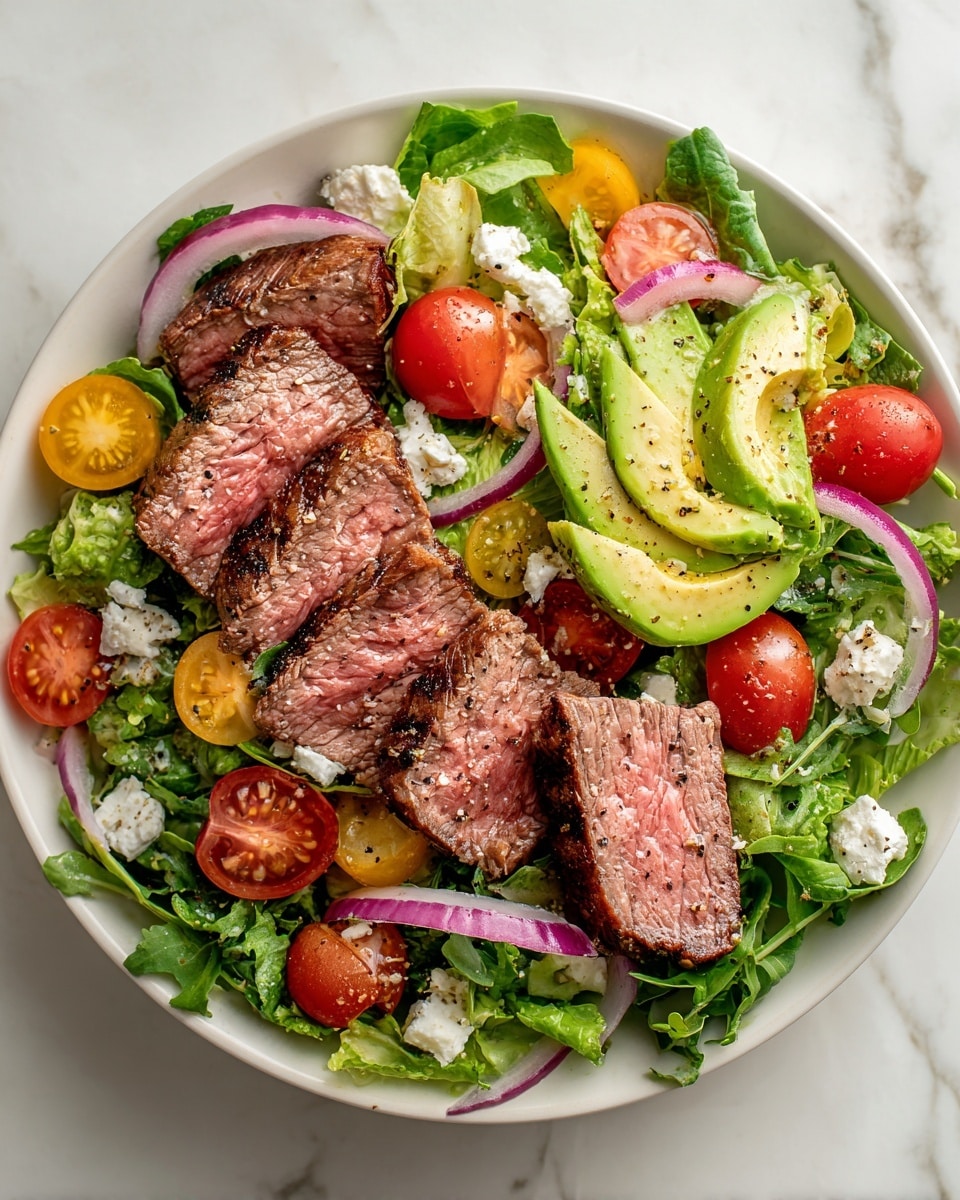 The dish is a salad arranged on a large white plate, placed on a white marbled surface. The base layer is made of fresh green arugula and light yellow lettuce leaves spread evenly across the plate. On top, there are slices of grilled steak with a brown charred outer edge and pink interior, positioned in small groups around the salad. Halved red and yellow cherry tomatoes are scattered around the greens, adding bright spots of color. Thin slices of red onion curls lie across the salad, along with wedges of avocado that are light green with a smooth texture, sprinkled with black pepper. Small white crumbles of cheese are dotted throughout the salad for contrast. The overall look is fresh, colorful, and textured with a balance of leafy greens, vibrant vegetables, and grilled meat. Photo taken with an iphone --ar 4:5 --v 7