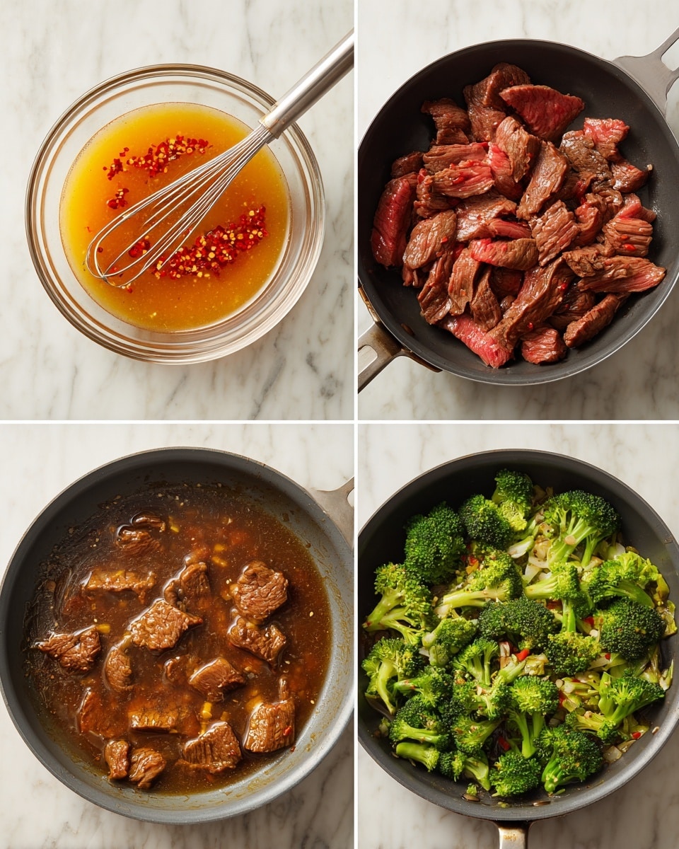 The image shows a cooking process in seven steps: first, a clear glass bowl holds an orange-brown sauce with red chili flakes and a whisk resting inside, all placed on a white marbled surface. Second, bright red raw beef strips fill a black pan. Third, the beef strips are cooked to a brown color in the pan. Fourth, the orange-brown sauce is poured over the brown beef strips in the pan, creating a glossy layer of sauce on top. Fifth, the beef strips simmer in the sauce, with the liquid bubbling gently around them. Sixth, fresh green broccoli florets are added on top of the beef and sauce layer in the pan. Seventh, the pan contains a final dish with the cooked brown beef strips and bright green broccoli mixed together, coated in a light brown sauce, producing a colorful and savory meal. photo taken with an iphone --ar 4:5 --v 7