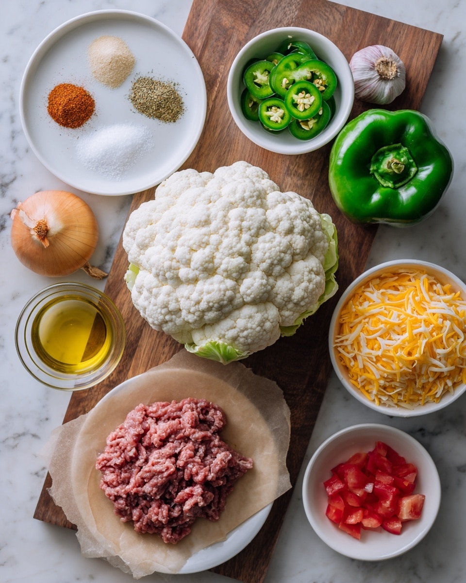 A fresh cauliflower head sits in the center on a brown and white marbled cutting board, with a shiny green bell pepper above it and a small wooden bowl of minced garlic to its left. Surrounding these are a white plate with four piles of colorful spices—salt, oregano, chili powder, and cumin—top left, and a small white bowl of sliced green jalapeños above it. To the right, a white bowl full of shredded yellow cheddar cheese sits next to a small clear container of golden oil. At the bottom, a white plate holds a pile of raw ground beef on brown parchment paper, with a round yellow onion and a small white bowl of diced red tomatoes to the right. All ingredients sit on a wooden surface with a white marbled texture. Photo taken with an iphone --ar 4:5 --v 7