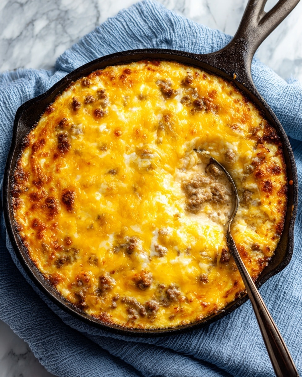 The image shows a round black cast iron skillet filled with a thick layer of melted golden cheese mixed with small bits of cooked ground meat on top, creating a slightly bumpy texture. The cheese is bubbly and has a light brown crust in some areas. A spoon with a dark handle is partially dipped into the skillet from the right side, resting on the cheesy surface. The skillet is placed on a soft blue fabric with fine grooves. The background is a white marbled texture. Photo taken with an iphone --ar 4:5 --v 7