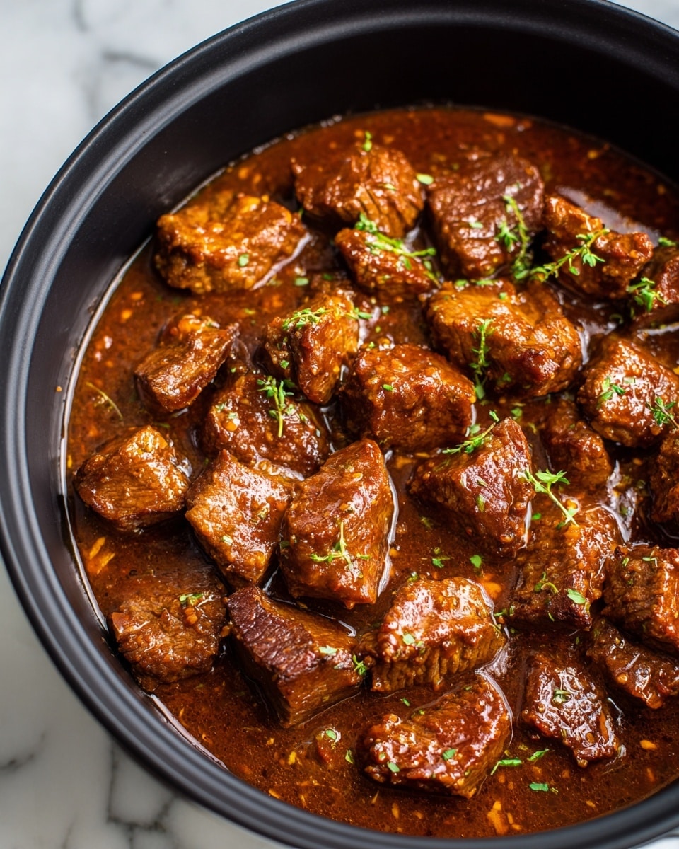 The image shows many chunks of brown cooked meat inside a black pot, all covered in a thick, rich brown sauce. The meat pieces look tender with some small bits of fat on them and are scattered evenly within the sauce. Small green herb pieces are sprinkled on top for color. The sauce has a shiny, slightly oily surface with a smooth texture, pooling at the bottom and around the meat. The pot holding the food is deep with a smooth black inner surface, and the photo background is a white marbled texture. photo taken with an iphone --ar 4:5 --v 7