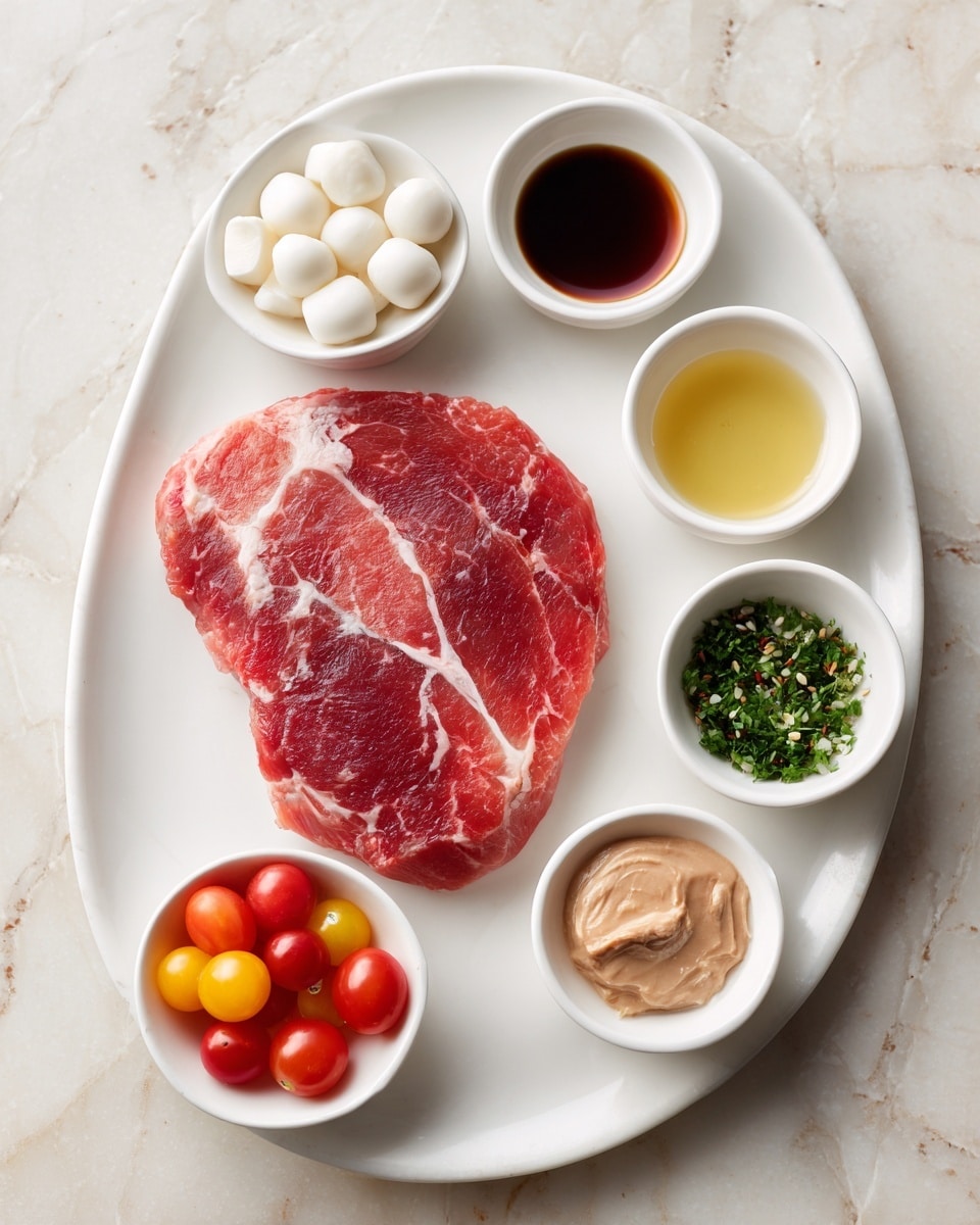The image shows a white oval plate with a large, raw red piece of meat placed flat in the center. Around the plate, there are six small white bowls arranged in a circle. Starting from the top and moving clockwise, the first bowl holds small white cheese balls, the second has a dark brown liquid, the third contains a clear light yellow liquid, the fourth bowl has small chopped green herbs, the fifth contains a beige paste, and the sixth holds a mix of small red and yellow tomatoes. The surface underneath is a white marbled texture. A woman's hand is not visible in this image. photo taken with an iphone --ar 4:5 --v 7