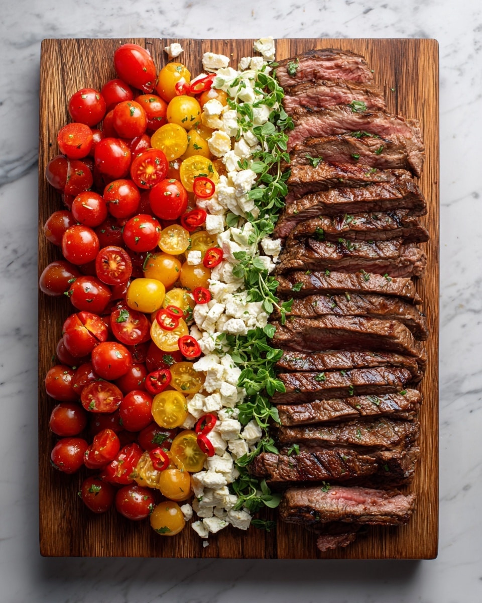 The image shows a wooden board filled with sliced grilled steak arranged in a neat layer. On top of the steak slices, there is a bright layer of halved cherry tomatoes, small white pieces of cheese, thin red chili slices, and green herb leaves scattered evenly. In the top left corner of the board, some whole cherry tomatoes are placed. The board is set on a white marbled surface, creating a fresh and clean background. Photo taken with an iphone --ar 4:5 --v 7
