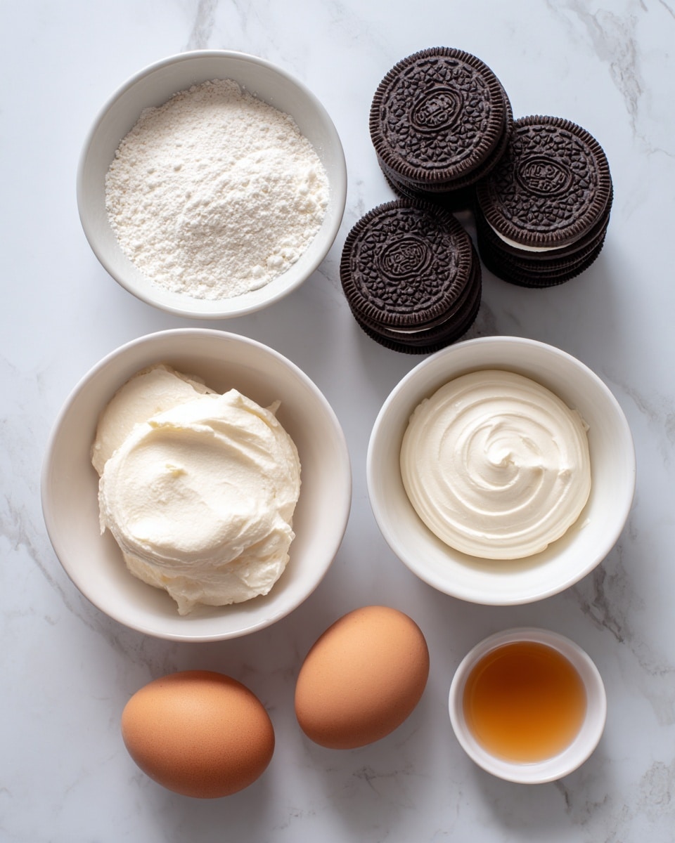 The image shows six white bowls arranged on a white marbled surface. The top right bowl is filled with dark chocolate sandwich cookies stacked evenly. Nearby, a bowl holds soft white cream with a smooth texture. Below it is another bowl with a thick creamy white substance. To the left of these, a smaller bowl contains a powdery white ingredient. At the bottom left, there is a bowl with two brown eggs sitting side by side. Finally, a small bowl at the bottom right holds a small amount of light amber liquid. The photo taken with an iphone --ar 4:5 --v 7