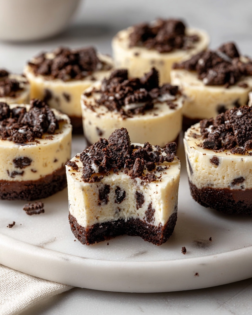 The image shows multiple mini cheesecake bites arranged on a white plate and white marbled surface. Each bite has three layers: a bottom dark chocolate cookie layer, a middle creamy white cheesecake layer mixed with small cookie pieces, and a top layer sprinkled with crushed dark chocolate cookies. One cheesecake bite in the front has a small piece missing, showing the soft and creamy texture of the middle layer. Photo taken with an iphone --ar 4:5 --v 7