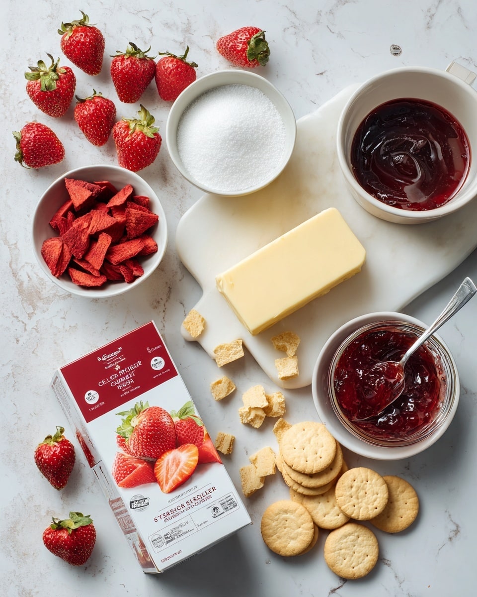 The image shows ingredients arranged on a white marbled surface for making a dessert. There are two small white bowls, one filled with dried red strawberry slices and the other with white sugar. Next to these are fresh whole strawberries scattered around. A block of yellow butter lies partially unwrapped, and two boxes are placed nearby: one labeled gelatin powder with a strawberry picture on it and the other a Philadelphia cream cheese package. On the top right, there is a white round pan with a dark inside, and a glass jar of red strawberry jam with a spoon inside is placed just below it. A small pile of golden sandwich cookies, some whole and some broken into crumbs, is spread near the jar and scattered on the surface. Photo taken with an iphone --ar 4:5 --v 7