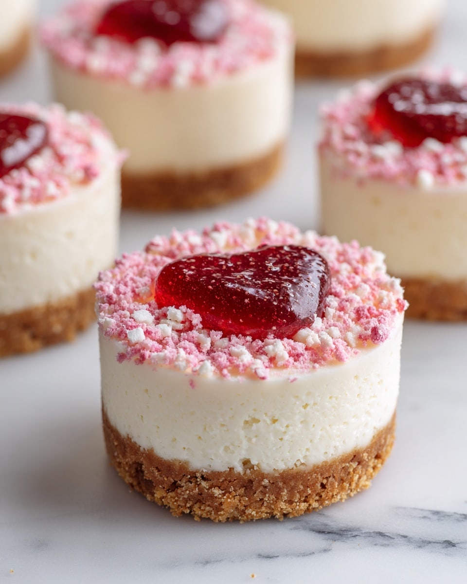 The image shows small round cheesecakes with three layers on a white marbled surface. The bottom layer is a crumbly light brown crust, the middle layer is thick, smooth, and creamy white cheesecake, and the top layer has a red jelly-like topping in the center, surrounded by pink crumb sprinkles that look soft and textured. Each cheesecake looks smooth and neat with the red jelly shining slightly. photo taken with an iphone --ar 4:5 --v 7