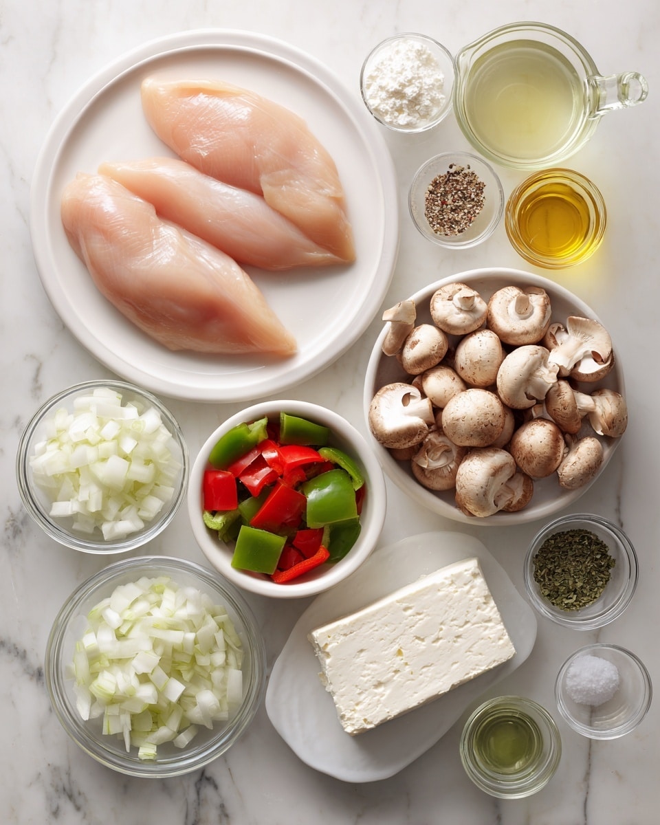 Two raw light pink chicken filets lay on a white plate at the top left corner. To the right, a clear glass cup holds a pale yellow liquid. Below it, a small glass bowl contains white powder. Next to it is a white bowl with golden oil. Below, a white plate holds a block of white cream cheese. Near the bottom right corner, a small light green glass cup is filled with another pale liquid. At the bottom left, a glass bowl is filled with chopped white onion. Above it, a smaller glass bowl has chopped red and green bell peppers. Above again, a tiny glass bowl contains minced garlic. To the left, a small glass bowl has white salt and black pepper. Above it, another small glass bowl holds dried green herbs and a pinch of reddish seasoning. A bigger bowl filled with sliced brown mushrooms is near the center. The whole scene is set on a white marbled surface photo taken with an iphone --ar 4:5 --v 7
