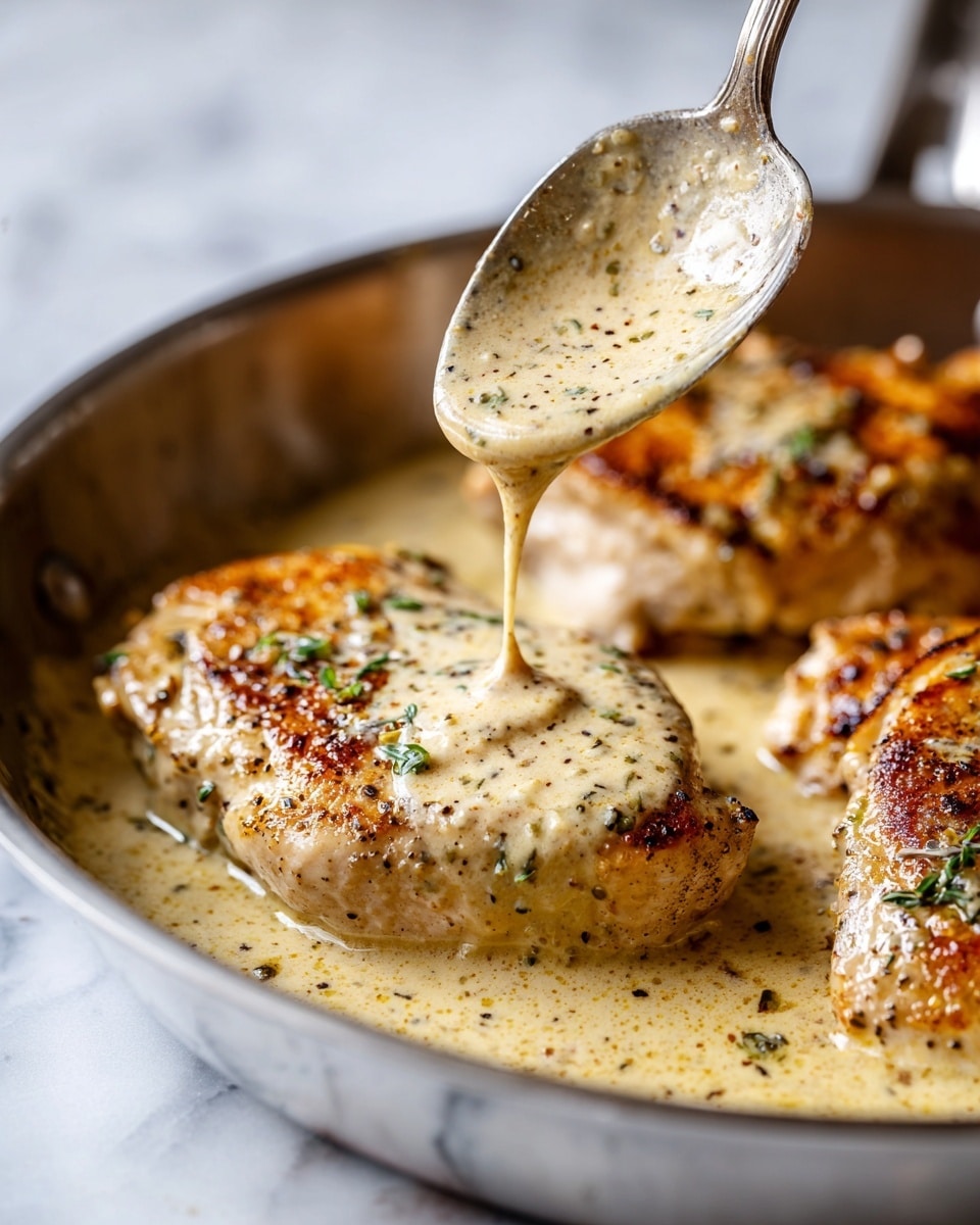 The image shows two browned chicken pieces in a pan with creamy beige sauce covering them. A silver spoon is held above the closest chicken piece, slowly dripping more smooth sauce onto it. The chicken pieces have a light golden color with some black pepper and small green herb bits sprinkled on top. The sauce is thick and rich with a slightly bubbly texture around the edges. The pan is silver and shiny, with a clear focus on the details of the chicken and sauce. The background surface has a white marbled texture. Photo taken with an iphone --ar 4:5 --v 7