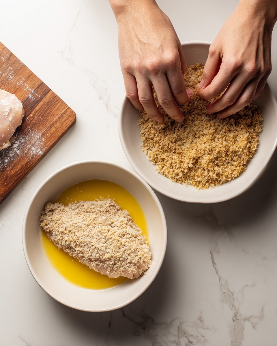 Two white bowls are placed on a white marbled surface. The bowl on the left holds a pale raw chicken piece lying flat in a yellow beaten egg mixture, covering the bottom of the bowl. The bowl on the right contains light brown breadcrumbs with a slightly coarse texture. A woman's hands are shown gently pressing a raw chicken piece into the breadcrumbs, coating it evenly. A wooden board with another raw chicken piece is partially visible on the left edge of the image. photo taken with an iphone --ar 4:5 --v 7