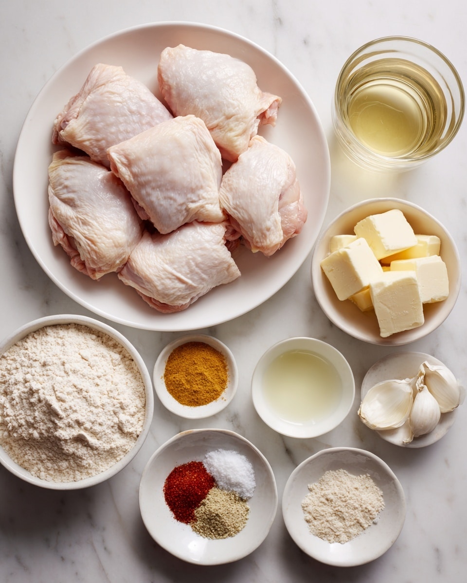 The image shows a white plate holding four raw chicken pieces arranged evenly, each light pink and smooth in texture. To the right of the plate, there is a glass cup filled with a light golden liquid. Below the plate, several white bowls contain various ingredients: a bowl of light beige flour, another with four spice piles—yellow powder, white salt, red powder, and black pepper—and a bowl with thick white cream. Other bowls hold a small amount of yellowish oil, beige powder, crushed garlic, cubes of pale yellow butter, and a white powdered substance. All items are placed on a white marbled surface, and the photo was taken with an iphone --ar 4:5 --v 7