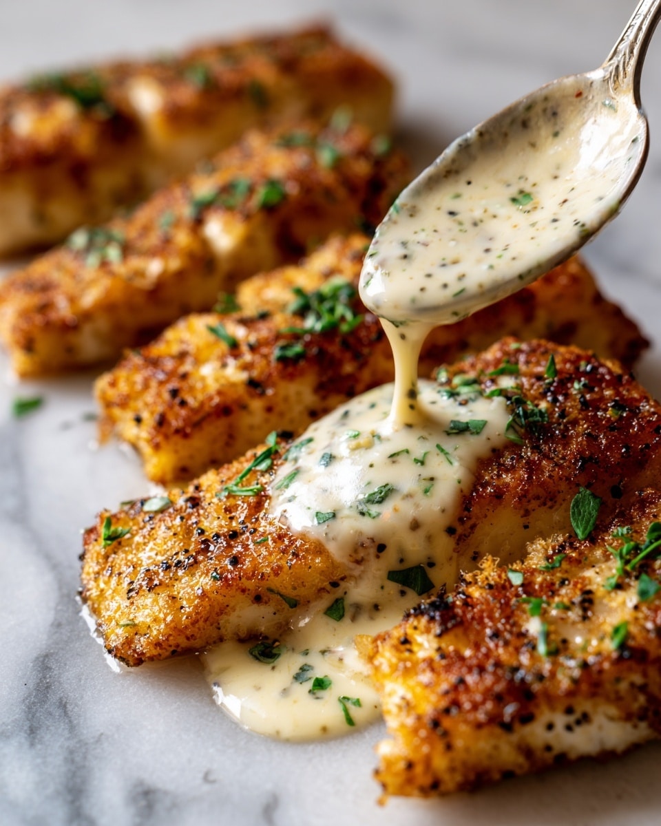 The image shows four pieces of golden-brown cooked fish fillets laid close together on a white marbled surface. They have a crispy texture with visible black pepper seasoning and fresh green herbs sprinkled on top. A creamy white sauce with green herb flecks is being poured from a spoon over the front fillet, covering part of it and pooling around the fillets. The sauce looks smooth and thick, adding a glossy layer over the textured fish. Photo taken with an iphone --ar 4:5 --v 7