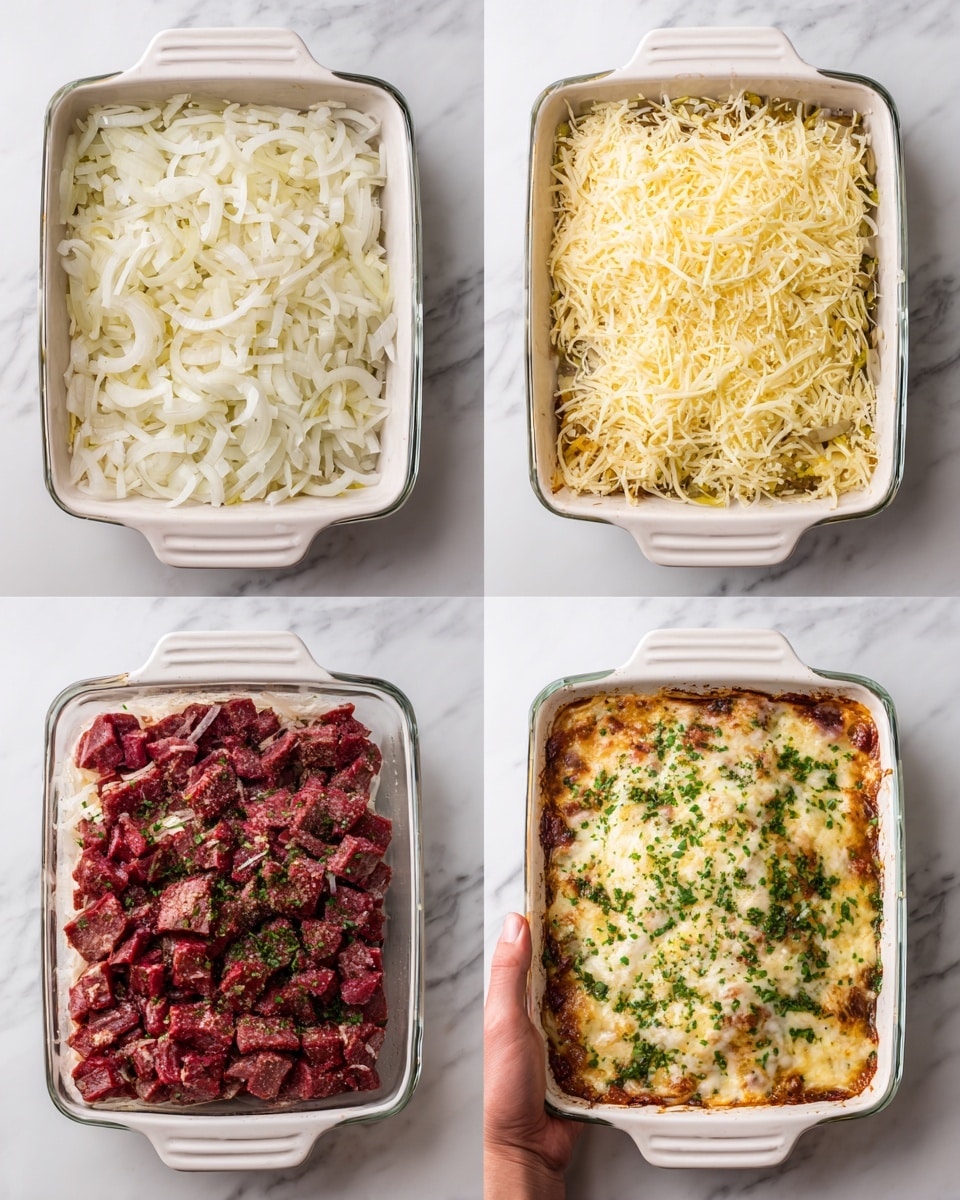 The image shows four stages of a layered dish in a white glass baking dish placed on a white marbled surface. The first layer is raw pieces of dark red seasoned meat evenly spread at the bottom. The second layer is thin white onion slices arranged in a loose pile covering the meat. The third layer has a thick covering of shredded pale yellow cheese spread evenly on top of the onions. The last stage shows the dish after cooking, with the cheese melted and browned slightly, garnished with green herbs scattered over the top, while a woman's hand holds the dish on the bottom right corner. Photo taken with an iphone --ar 4:5 --v 7