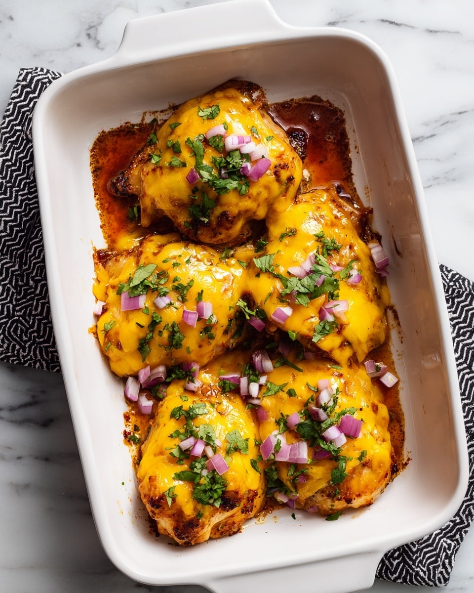 A white rectangular dish shows four pieces of cooked chicken thighs, each covered with melted bright orange cheddar cheese that looks smooth and slightly bubbly. Underneath the cheese, there is a reddish-brown sauce spread on the bottom of the dish creating a rich base layer. The edges of the cheese near the dish are browned, adding a crispy texture. Each chicken piece is topped with finely chopped light purple onions and fresh green cilantro, sprinkled evenly over all the pieces. The dish sits on a white marbled surface with part of a black and white zigzag cloth visible in the corner. Photo taken with an iphone --ar 4:5 --v 7
