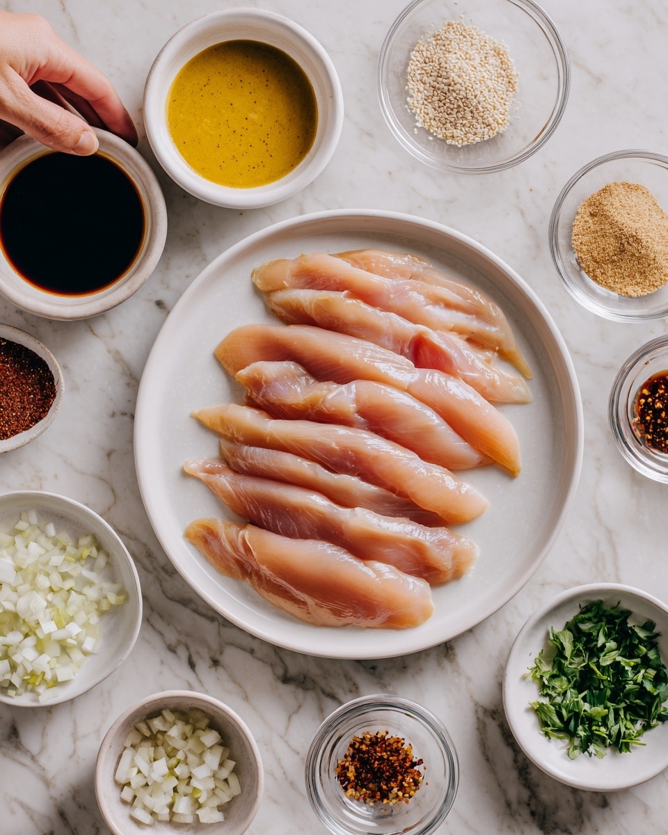 The image shows a white plate on a white marbled surface, holding five raw chicken slices with a light pink color and smooth texture, neatly spread out. Surrounding the plate are small white bowls containing different ingredients: one with yellow mustard sauce, another with dark soy sauce, and a smaller bowl with a light brown powder. Also visible are small piles of chopped green herbs, white sesame seeds, thinly sliced white onions, a reddish-brown spice, and some glass containers with dark sauce, minced garlic, and other seasonings. A woman's hand is not shown but can be imagined reaching for one of the bowls. photo taken with an iphone --ar 4:5 --v 7