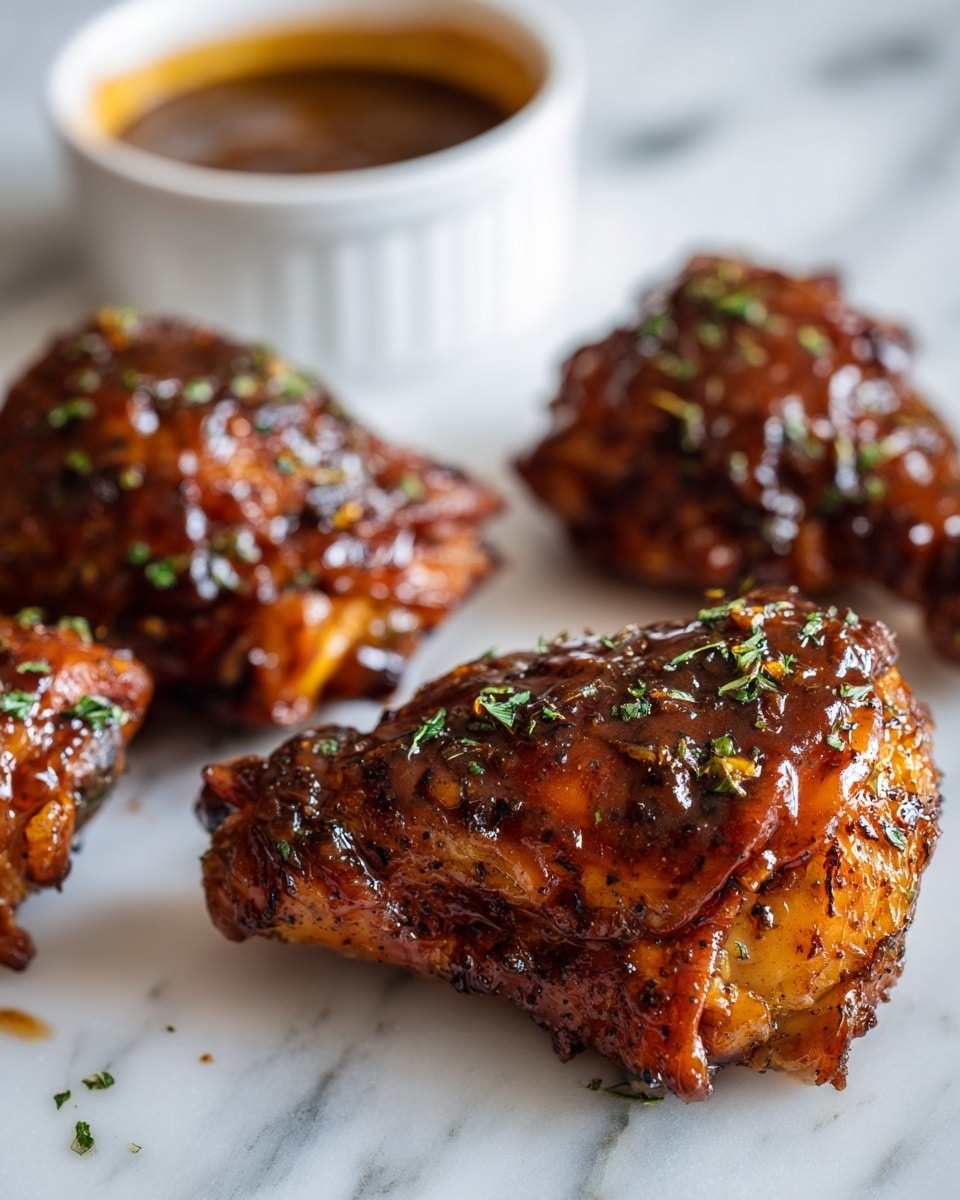 The image shows three pieces of cooked chicken on a white marbled surface. Each piece is covered in a shiny, rich, brown sauce with small bits of herbs scattered on top. The chicken pieces have a slightly rough texture with a glaze that looks sticky but smooth. In the background, a small white bowl with a similar sauce is partially visible, adding to the rich and glossy look of the dish. photo taken with an iphone --ar 4:5 --v 7