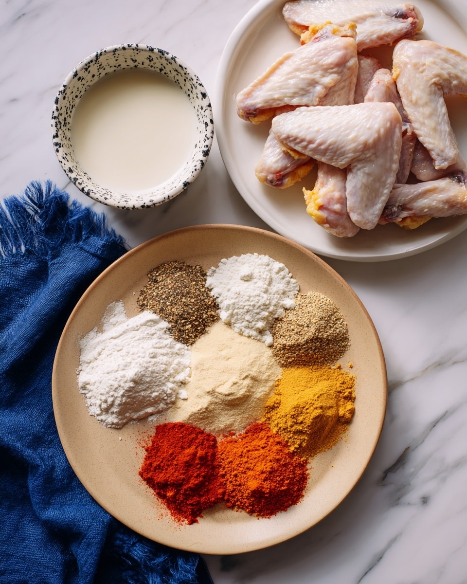 The image shows three main parts placed on a white marbled surface. In the center, there is a beige plate with seven different layers of powder spices arranged separately in small mound shapes, including white flour, light yellow powder, red and orange powders, and some speckled black pepper, all forming a colorful mix of textures and tones. On the upper right corner, a white plate holds several pieces of raw chicken wings with pale pink skin and some yellow fat. At the bottom, a white bowl with black speckles is filled with a creamy white liquid. A blue cloth napkin is partially visible on the left side. The photo taken with an iphone --ar 4:5 --v 7