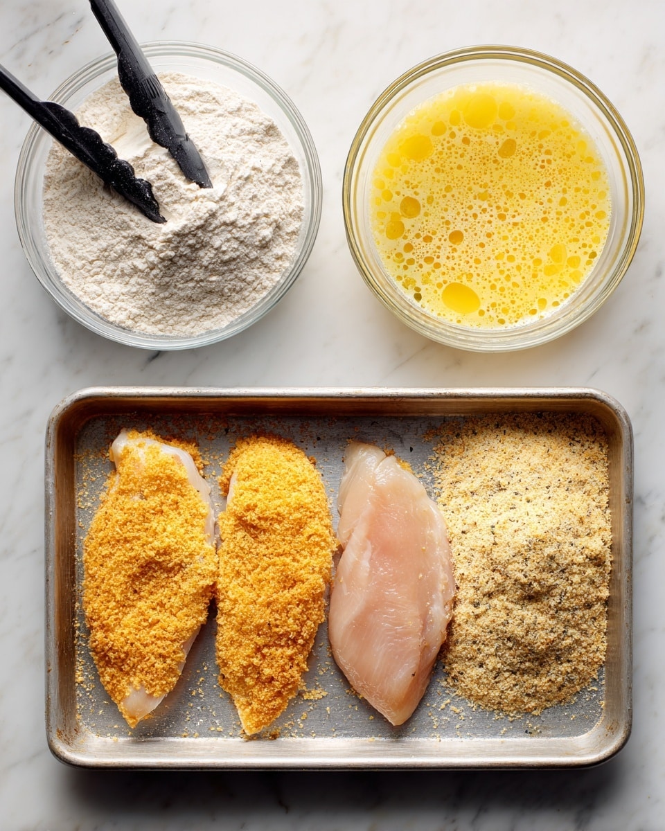 The image shows the process of coating chicken breasts for frying on a white marbled surface. At the bottom center, there is a metal tray with three chicken breasts: one plain raw on the right, the middle one covered in a golden breadcrumb layer, and the left one also coated with breadcrumbs but slightly more textured. Above the tray, three glass bowls are arranged in a row. The left bowl contains white flour with a piece of chicken being held by black tongs coated in the flour. The middle bowl holds a yellow, beaten egg mixture with visible bubbles. The right bowl is filled with a seasoned breadcrumb mix that has a sandy texture and some dark herb bits. Photo taken with an iphone --ar 4:5 --v 7