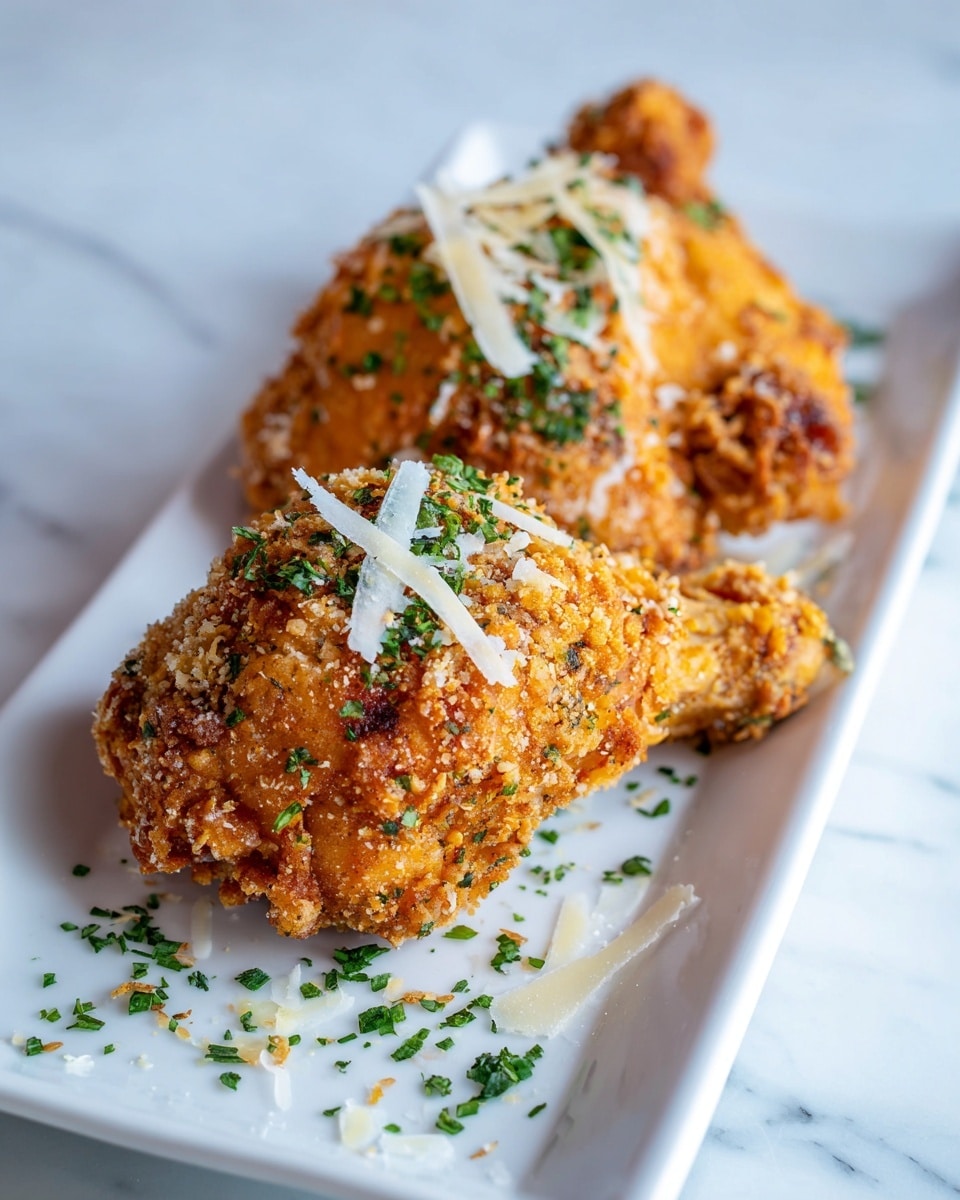 The image shows two crispy golden brown fried chicken pieces placed on a long white plate. Each chicken piece is coated with a crunchy breadcrumb layer with small green herb pieces sprinkled on top. A few shreds of white cheese sit on the chicken, adding texture and contrast. The plate rests on a white marbled surface, giving a clean and bright look. Photo taken with an iphone --ar 4:5 --v 7