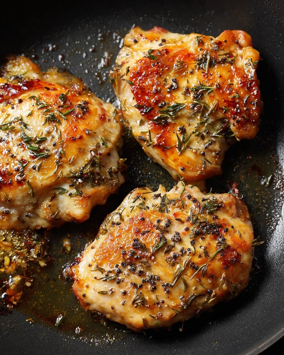 The image shows a close-up view of three cooked chicken pieces in a black frying pan. Each chicken piece is golden brown with a slightly crispy surface and scattered black pepper and herb flakes on top. The edges of the chicken have a light caramelized color, showing texture and slight charring. The pan surface is glossy with some oil and brown bits from cooking, adding contrast to the chicken. Photo taken with an iphone --ar 4:5 --v 7