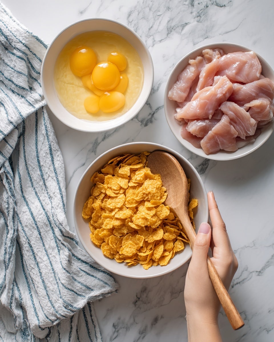 The image shows three clear white bowls on a white marbled surface. The bowl at the top right holds raw pink chicken strips. The bowl at the top left contains beaten yellow eggs with a smooth texture. The bowl at the center bottom is filled with crushed golden orange cornflakes, and a wooden spoon is resting inside it, held by a woman's hand. A white and blue striped cloth is partially visible on the left side. Photo taken with an iphone --ar 4:5 --v 7