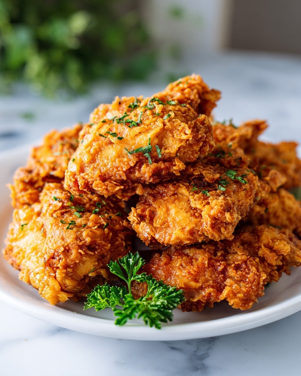 The image shows a white plate filled with several pieces of golden brown, crispy fried chicken. Each piece has an even, crunchy coating with a crumbly texture. The chicken pieces are stacked on top of each other, slightly overlapping. There is a small green parsley leaf on one side for a touch of color contrast. The plate is set on a white marbled surface with some greenery blurred in the background. Photo taken with an iphone --ar 4:5 --v 7