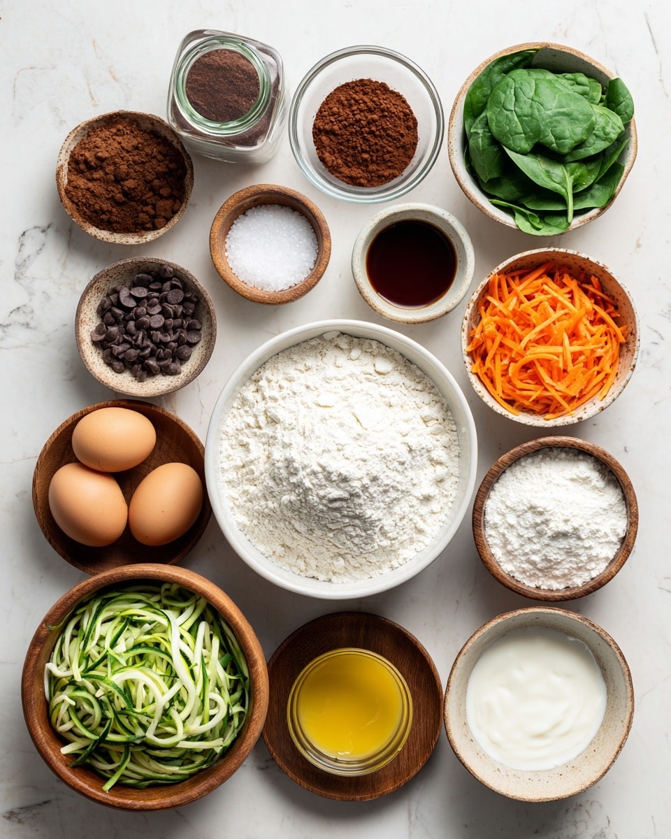 Many small bowls are arranged on a white marbled surface, each filled with a different ingredient. The largest bowl in the center holds white flour. Around it are other bowls: one with orange shredded carrots, one with green spinach leaves, a bowl of dark chocolate chips, and a bowl with light green shredded zucchini. There is also a small clear bowl with yellow oil, a glass bowl with white creamy yogurt, and a glass bowl with light brown applesauce. Two brown eggs sit on a small wooden plate near the bottom center. Additionally, small wooden bowls hold salt, baking soda, and baking powder. There are also containers of dark cocoa powder and dark syrup. The overall colors are soft and natural with a mix of white, green, orange, brown, and yellow. photo taken with an iphone --ar 4:5 --v 7