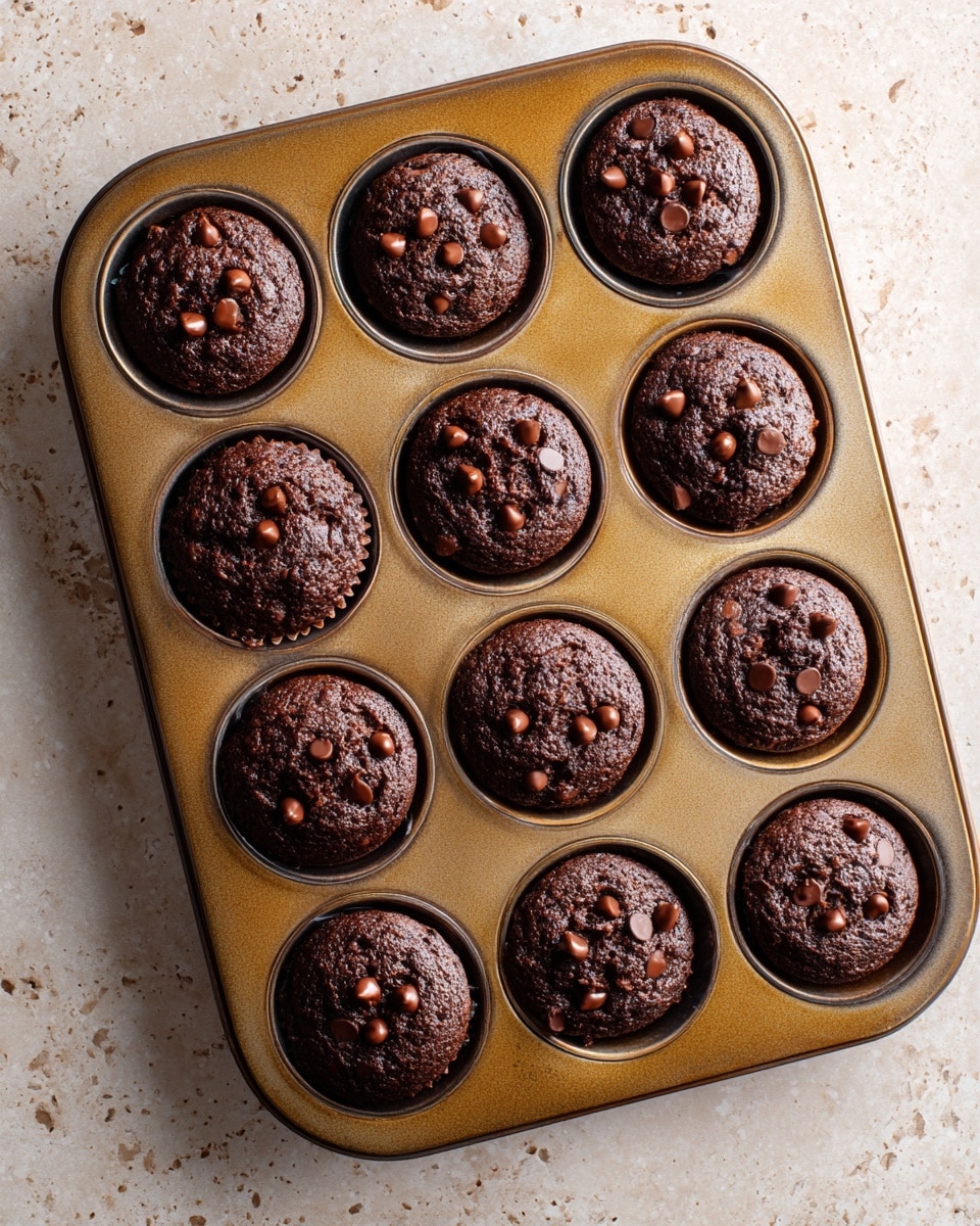 A metal muffin tray holds twelve dark chocolate muffins, each topped with several shiny chocolate chips that add texture and a bit of color contrast. The muffins are round and thick, with a lightly crinkled surface that shows slight cracks on the top. The tray sits on a white marbled surface, which highlights the rich, deep brown of the muffins. The light brings out the details on the muffins and the faint sheen on the chocolate chips, making the muffins look fresh and moist. photo taken with an iphone --ar 4:5 --v 7