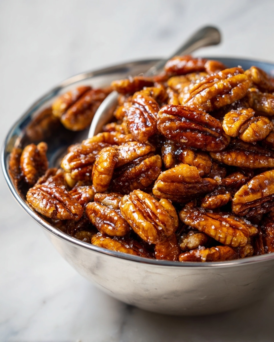 A large metal bowl filled with a single layer of pecans coated in a shiny, sticky brown sugar mixture. The pecans are roasted, showing a mix of rough and smooth textures with darker caramelized spots. A silver spoon rests inside the bowl, slightly covered with the syrup, and the bowl sits on a white marbled surface. Photo taken with an iphone --ar 4:5 --v 7