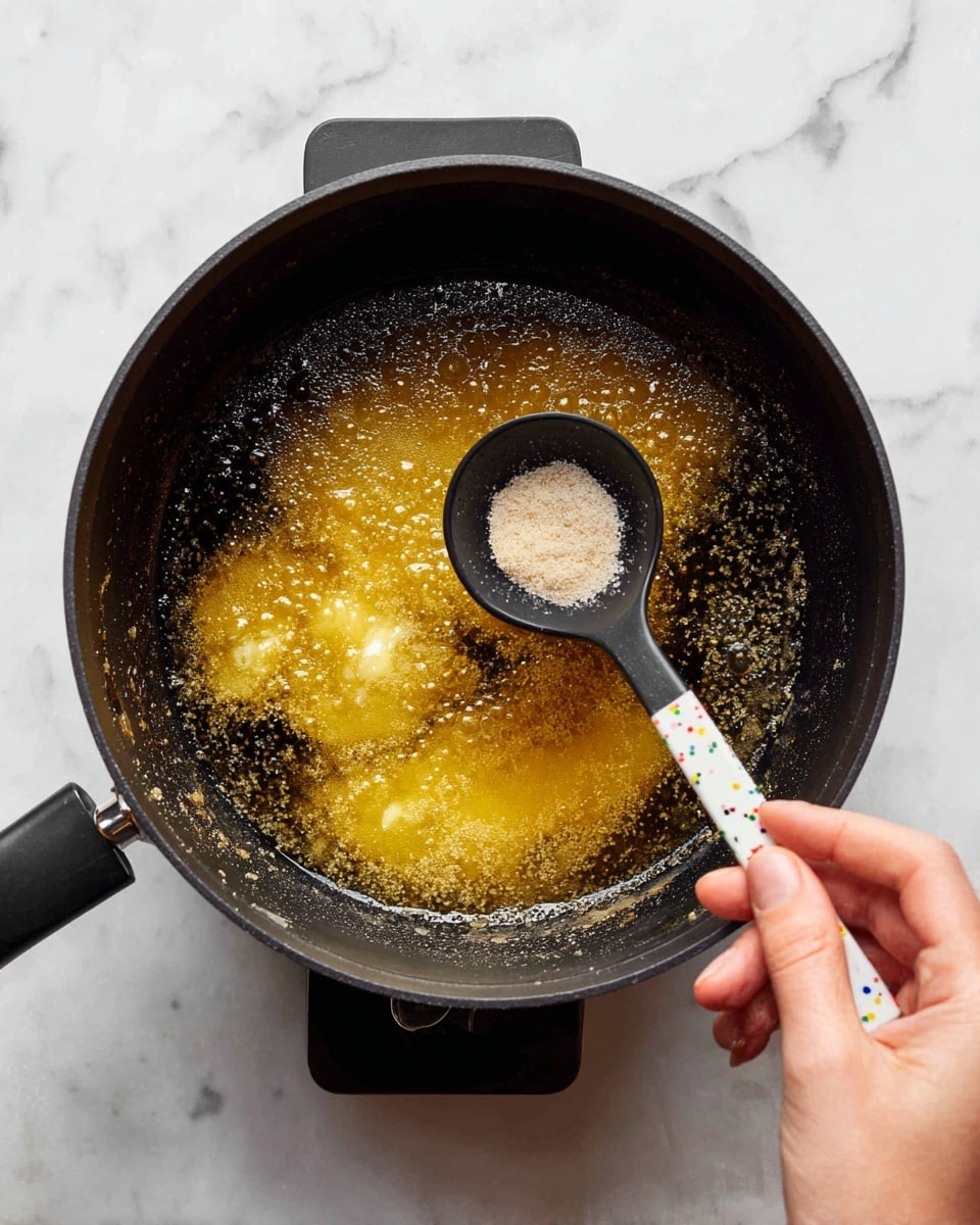 A black pot on a white marbled surface holds a mixture with visible melted butter pieces floating on top of a golden brown liquid. A white spoon with colorful marks stirs this mixture inside the pot. A woman's hand holds a black measuring spoon filled with white salt above the pot, ready to add it to the mixture. The pot rests on a black textured mat that contrasts against the light surface. photo taken with an iphone --ar 4:5 --v 7