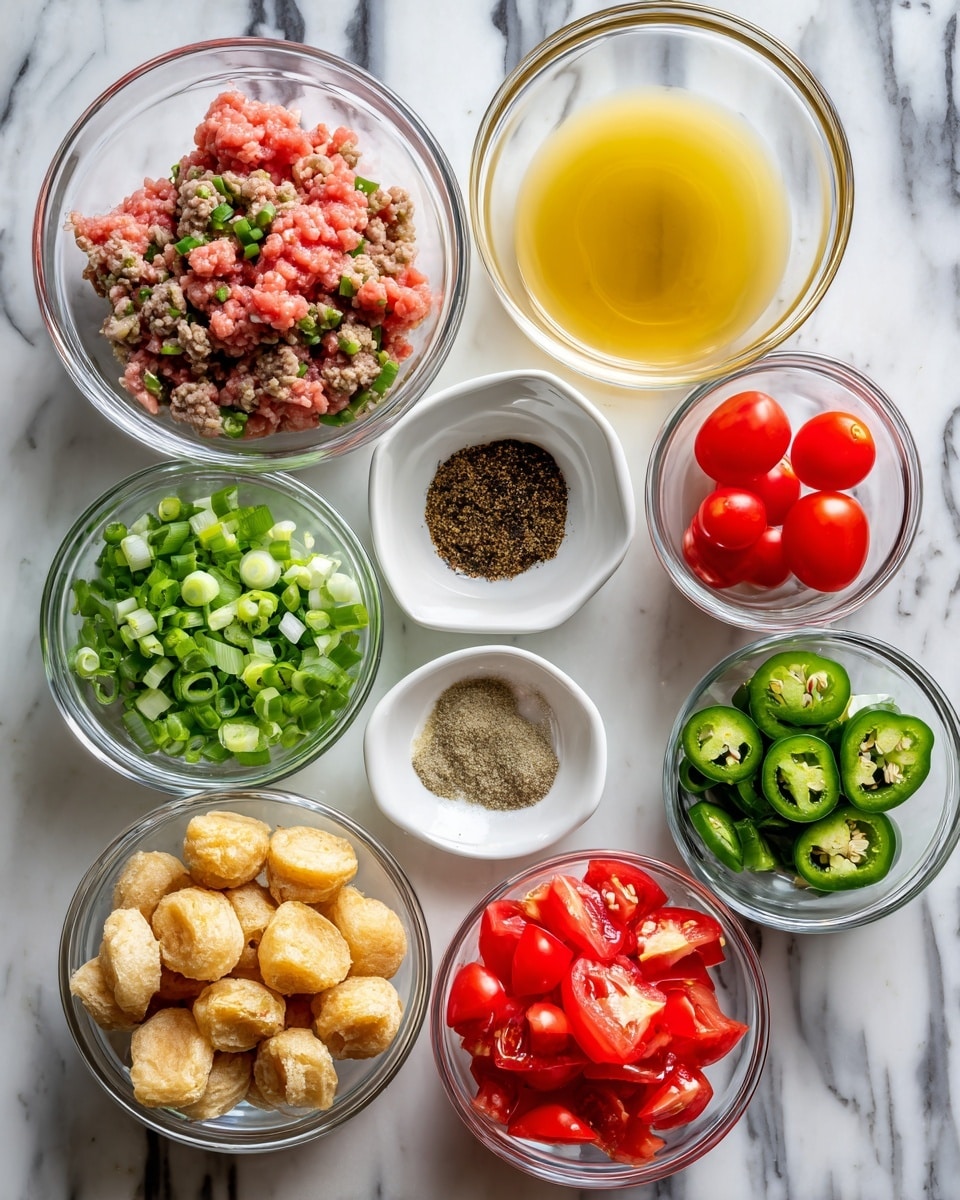 The image shows seven small clear glass bowls arranged neatly on a white marbled surface. From the top left, the first bowl holds raw pink ground meat with visible texture. To its right, a bowl contains chopped green onions with bright green and white colors. The next bowl to the right is filled with a coarse brown powder or spice. Below the spice bowl, clear sliced green jalapeños rest in another bowl. To the bottom left, a bowl holds vibrant red diced tomatoes, evenly cut. Above it, on the left, is a bowl filled with small, round, lightly browned pieces, possibly cooked or roasted. The center bowl contains a smooth, shiny pale yellow liquid or sauce, creamy in texture. A woman's hand is slightly visible on the left side of the image. photo taken with an iphone --ar 4:5 --v 7