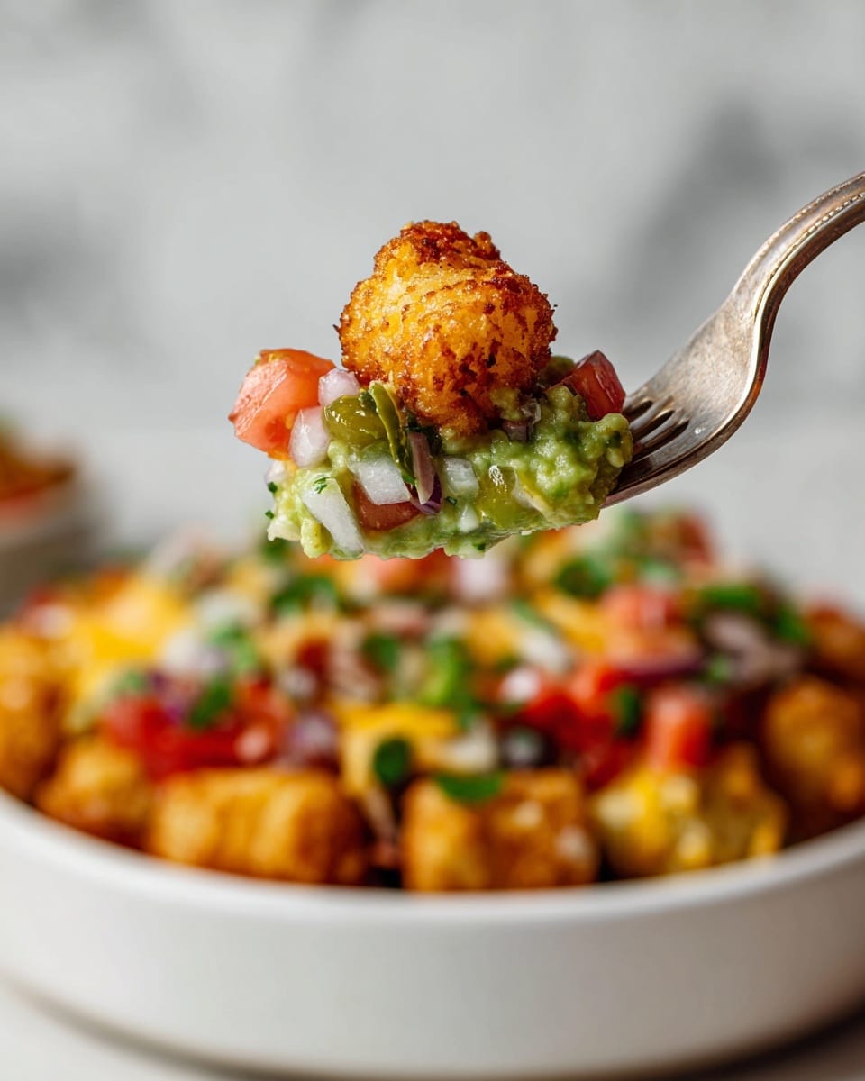 A close-up view of a metal fork holding a layered bite of food with four layers: a crispy golden-brown top piece with a crunchy texture, below it a layer of spicy brown ground meat, followed by a thin ring of light green jalapeño, then a colorful salsa with red tomato, white onion, and green herbs, and at the bottom a dollop of chunky green guacamole. In the background, the rest of the dish is in a white bowl, showing a mix of similar ingredients forming a colorful and textured stack. The scene is set on a white marbled surface. photo taken with an iphone --ar 4:5 --v 7