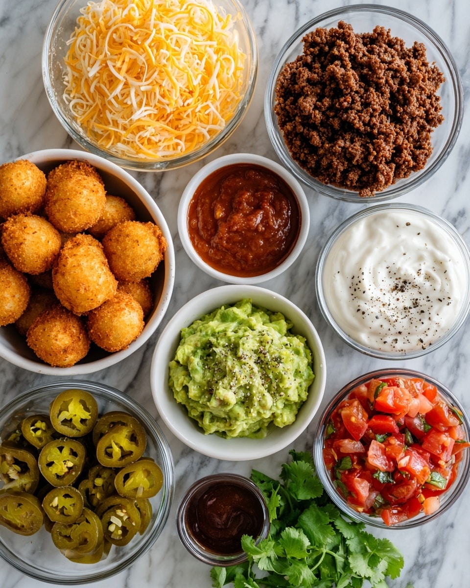 The image shows eight small bowls arranged on a white marbled surface, each containing different ingredients. Starting from the top left, a clear glass bowl holds yellow shredded cheese. To the right, another clear glass bowl contains cooked, browned ground meat. Below these, a larger clear glass bowl is filled with small, light golden brown, crispy tater tots. To the right of the tater tots, a white bowl holds bright red diced tomatoes. Below the tomatoes, a small clear glass bowl contains sliced green jalapeños. Next to the jalapeños, a small clear glass bowl has white sour cream with a smooth texture. To the left of the sour cream, a small white bowl holds green guacamole with a slightly chunky texture and black pepper sprinkled on top. Below the guacamole, a small white bowl holds a reddish-brown sauce, smooth in texture. A bunch of fresh green cilantro is placed on the top and bottom edges of the setup. Photo taken with an iphone --ar 4:5 --v 7