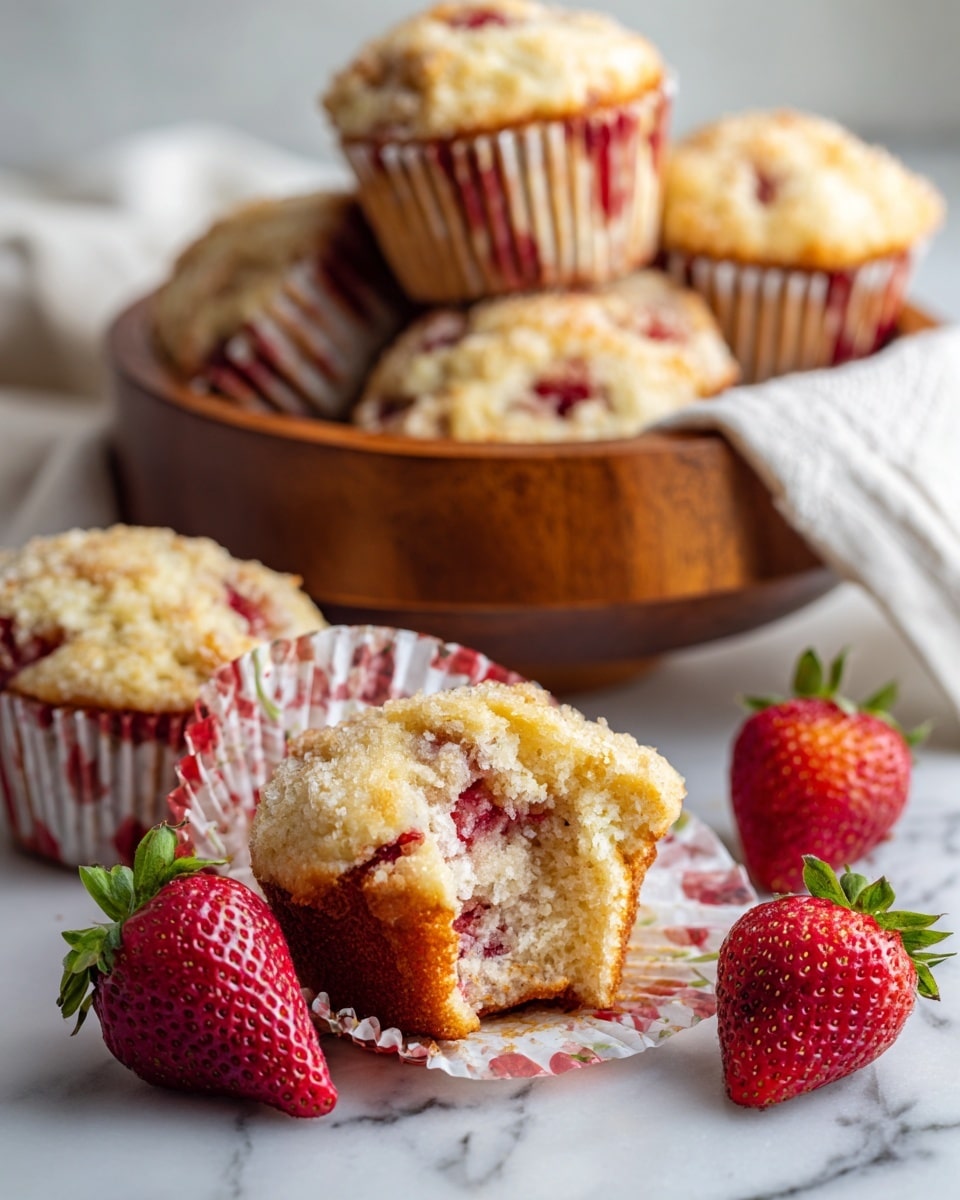 The image shows several strawberry muffins, each wrapped in red and yellow patterned paper liners. One muffin in the front has its liner partially peeled down, revealing a soft, golden-yellow base with red strawberry pieces inside and a crumbled, slightly crispy golden-brown topping. Two fresh strawberries with green leaves are placed on a white marbled surface beside the muffins. In the background, a wooden bowl lined with a white cloth holds more muffins piled up, showing their tops filled with bright red strawberry bits and crumbly golden surfaces. The scene is bright and fresh, with a focus on the textures and colors of the muffins and strawberries. photo taken with an iphone --ar 4:5 --v 7