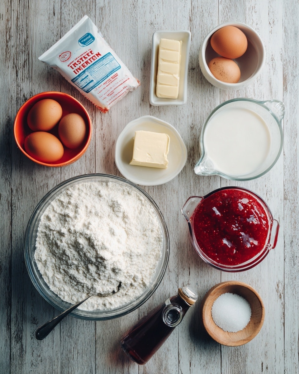 The image shows several baking ingredients arranged neatly on a white marbled surface. There are two brown eggs at the top left, with a small clear glass bowl of light yellow butter cube beside them. Below is a clear measuring cup filled with white milk. Near the center-left is a white packet of instant yeast lying flat. To the left is an orange bowl full of white sugar, and next to it is a small wooden bowl containing salt. At the center bottom, there is a large clear glass bowl filled with white flour, with a metal measuring cup resting inside. To the right is a white bowl filled with red jam and a spoon inside. Near the wooden bowl, there is a dark brown bottle labeled vanilla extract. Photo taken with an iphone --ar 4:5 --v 7