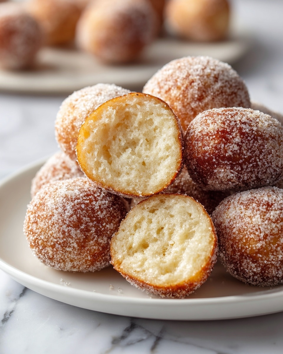A white plate holds a pile of small round doughnut balls covered in a sparkling layer of sugar. Most doughnut balls are whole with a light golden-brown color and sugar crystals on the surface. Two doughnut balls at the top are cut in half showing a soft, airy, pale cream inside with a slightly crispy golden edge. The plate is on a white marbled surface with a few more doughnut balls blurred in the background. Photo taken with an iphone --ar 4:5 --v 7