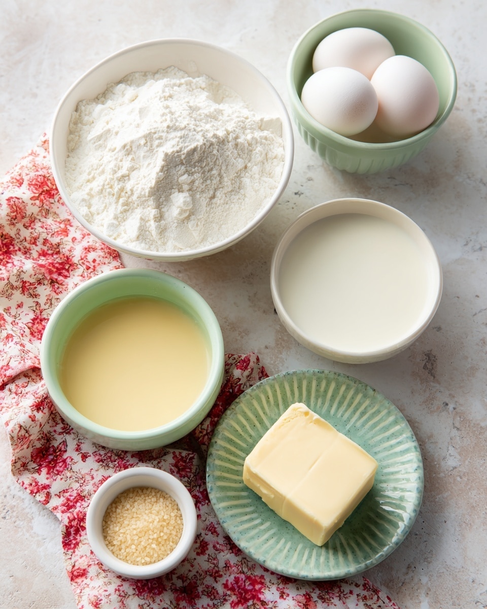 Six baking ingredients are arranged neatly on a soft white cloth with red flower and berry prints, all placed on a white marbled texture surface. At the top left, a white bowl holds a large pile of white flour with a rough, powdery texture. To its right, another white bowl is filled with smooth, creamy milk. Below the flour, a small light green bowl contains a thick, pale yellow liquid. In the center lies one whole white egg. Beneath the egg, a small white container holds fine beige yeast granules. To the right of the yeast, a small pale green plate displays a solid, pale yellow square of butter with a slight shine on top. The photo is taken with an iphone --ar 4:5 --v 7