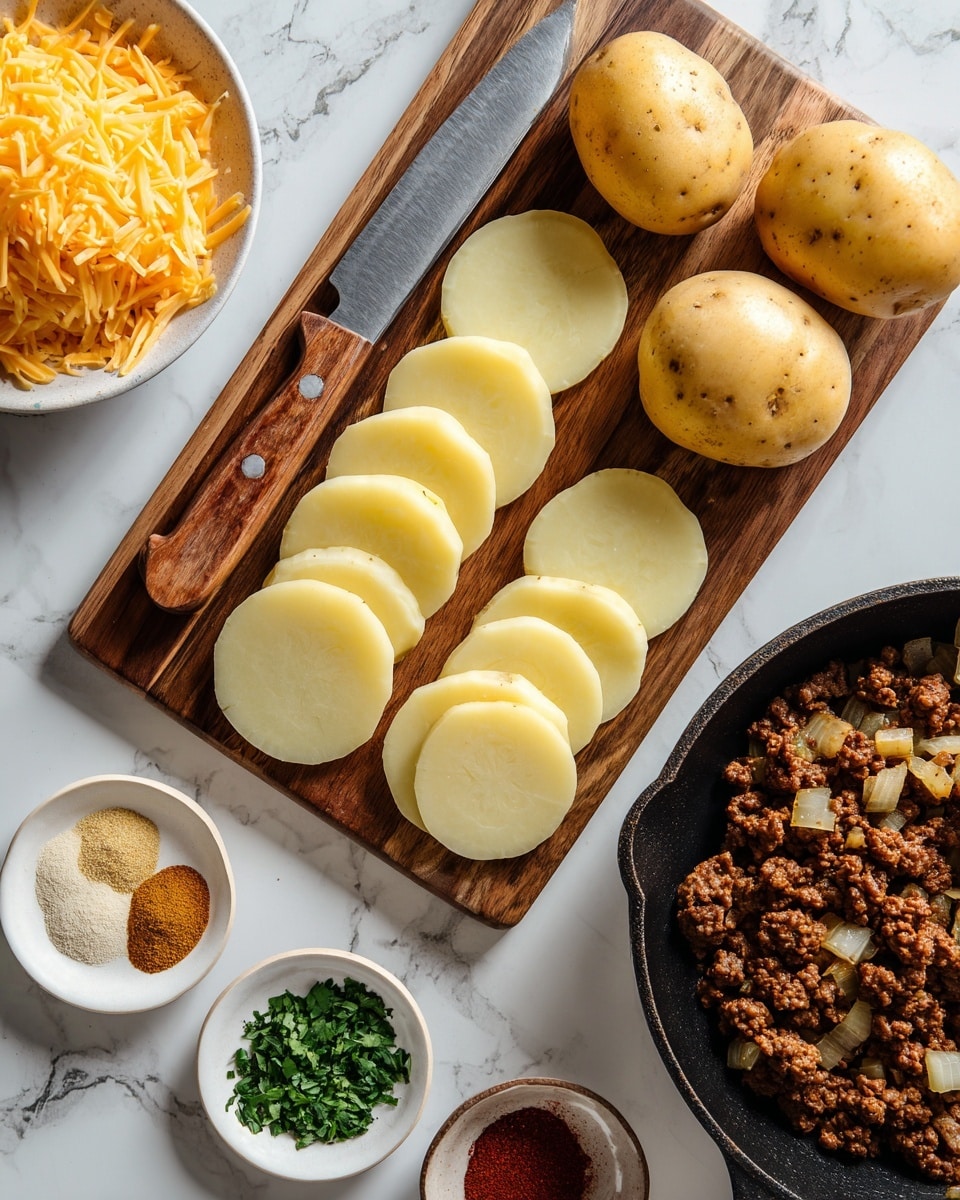 The image shows a wooden board with several round, thin slices of pale yellow potatoes neatly arranged on it, alongside whole, small yellow potatoes scattered around. A large knife with a light handle lays on the board. To the left is a bowl full of shredded orange cheddar cheese. Below that is a small white plate with three separate piles of ingredients: a light beige powder, chopped green herbs, and a bright red powder. To the right, a black cast iron pan holds browned ground meat mixed with small bits of cooked onion. The setup is on a white marbled surface.  photo taken with an iphone --ar 4:5 --v 7