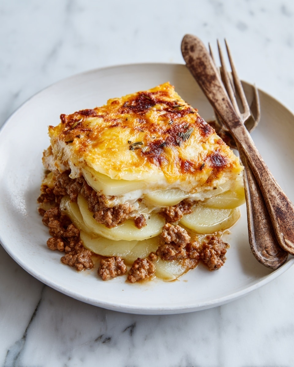 A white plate holds a layered dish with three main layers: a base of soft, sliced yellow potatoes spread across the plate, a middle layer of browned ground meat mixed with small bits of onions and herbs, and a top layer of melted yellow cheese blending softly over the meat and potatoes. The colors are warm tones of golden yellow and brown with some light green herbs visible. A fork and spoon with wooden handles rest crossed on the edge of the plate. The plate sits on a white marbled surface. photo taken with an iphone --ar 4:5 --v 7