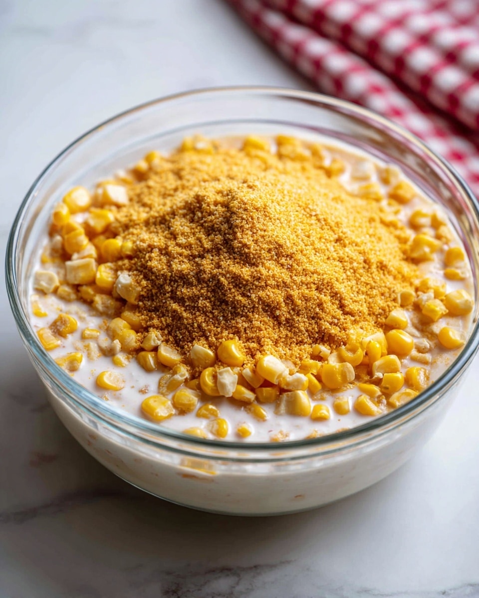A clear glass bowl is filled with three layers of ingredients: at the bottom is a creamy white layer with visible yellow corn kernels scattered throughout; on top of that is a thick, slightly uneven layer of yellow cornmeal or corn flour covering the center; some creamy white mixture can be seen peeking around the edges beneath the cornmeal. The bowl is placed on a surface with a white marbled texture, and there is a red and white checkered cloth partially visible in the upper left corner. photo taken with an iphone --ar 4:5 --v 7