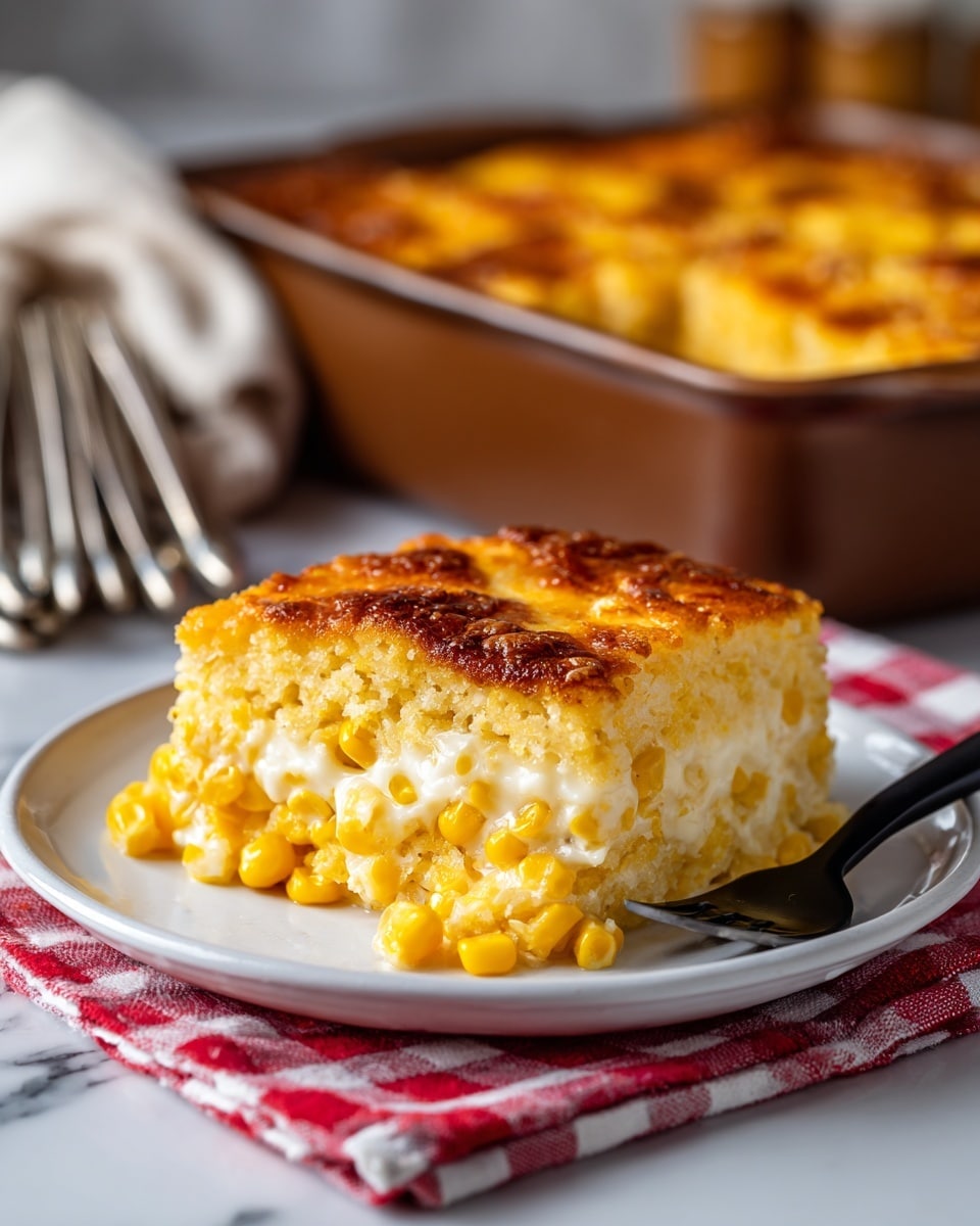 A serving of golden yellow corn casserole with visible kernels sits on a white plate, showing a rough, slightly crumbly texture with a melted white cheesy layer in the middle. The casserole has a browned, crispy top layer with soft, moist corn and batter beneath. In the background, a white baking pan holds the rest of the casserole with a black serving spoon resting inside it. The whole scene is set on a white marbled surface with a red and white checkered cloth on the left and two silver forks with a butter package and a flour bag blurred in the background. Photo taken with an iphone --ar 4:5 --v 7