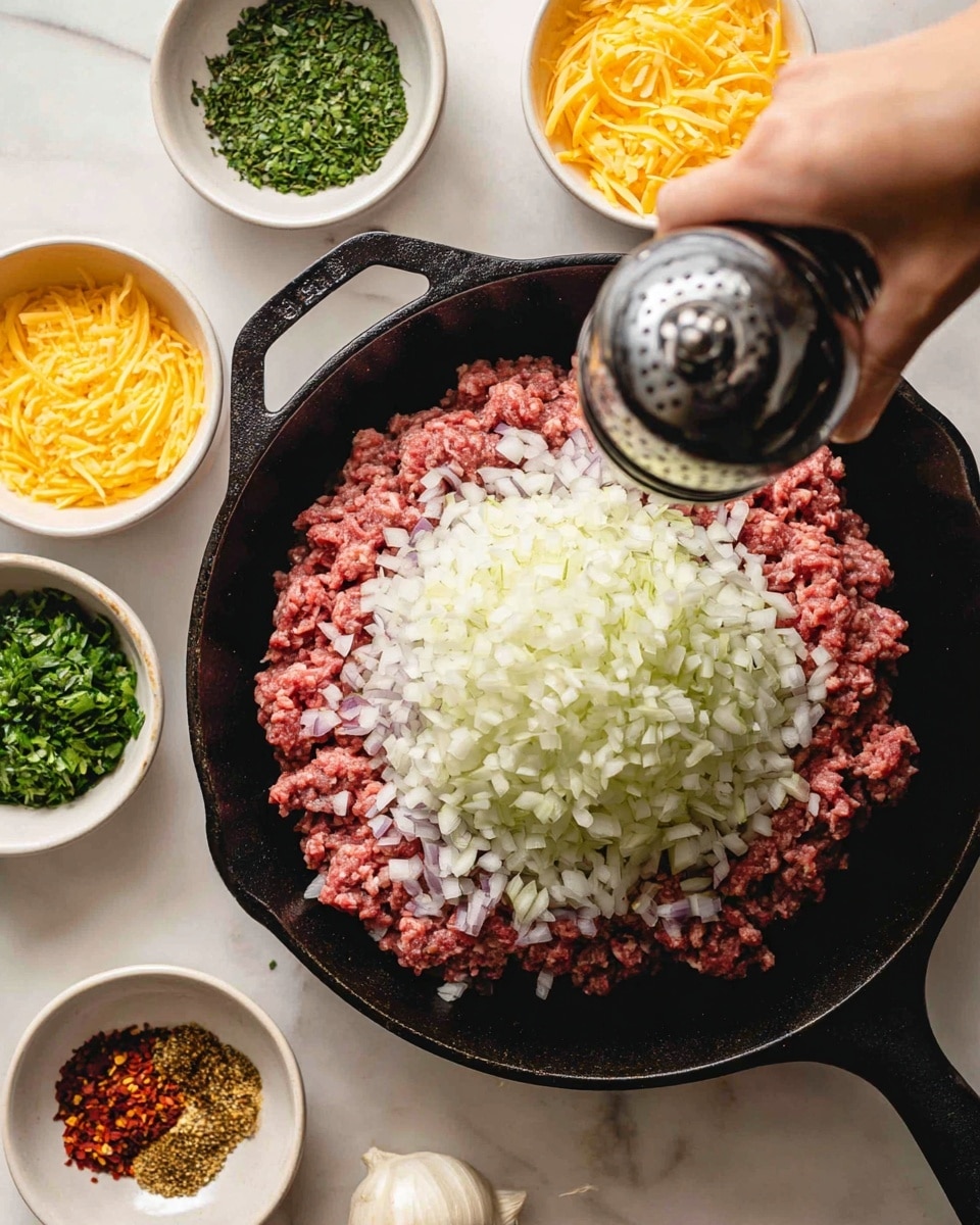 A large black cast iron pan filled with raw ground meat forming a rough circular base, topped with finely chopped white onions piled in the center. Around the pan on a white marbled surface are small white bowls holding grated yellow cheese, green herbs, red chili pieces, and light brown minced garlic. A woman's hand is reaching into the frame holding a pepper grinder above the pan, ready to season the meat and onions. Photo taken with an iphone --ar 4:5 --v 7