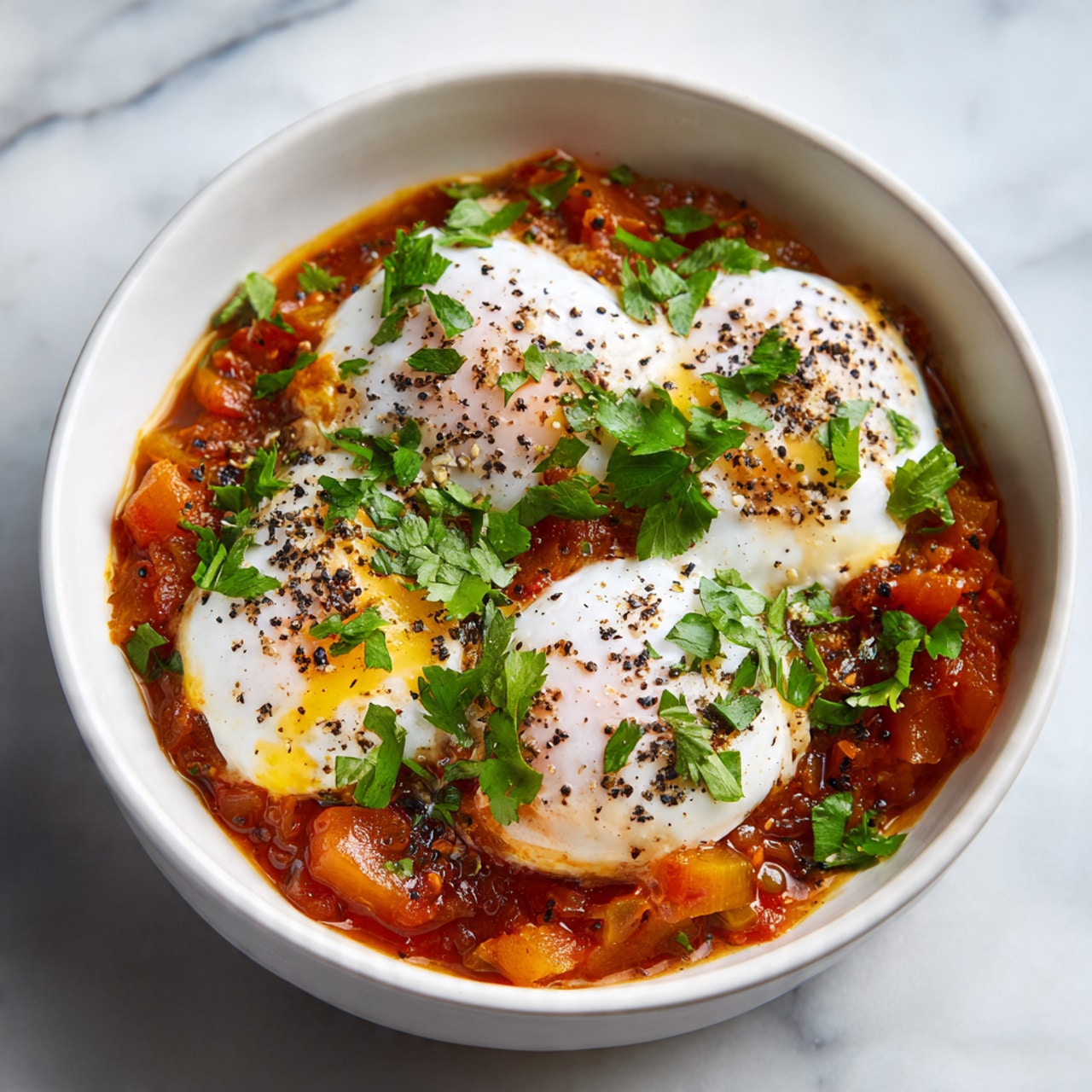 The image shows a close-up of a white bowl filled with a cooked mixture topped with three poached eggs. The base layer appears chunky and reddish-orange, likely cooked vegetables or sauce, with small pieces giving it a textured look. On top, the three white eggs have smooth, soft whites with runny yolks peeking through. The eggs are sprinkled with crushed black pepper and fresh chopped green herbs, adding small pops of dark and bright green color. The bowl is placed on a white marbled surface. photo taken with an iphone --ar 4:5 --v 7