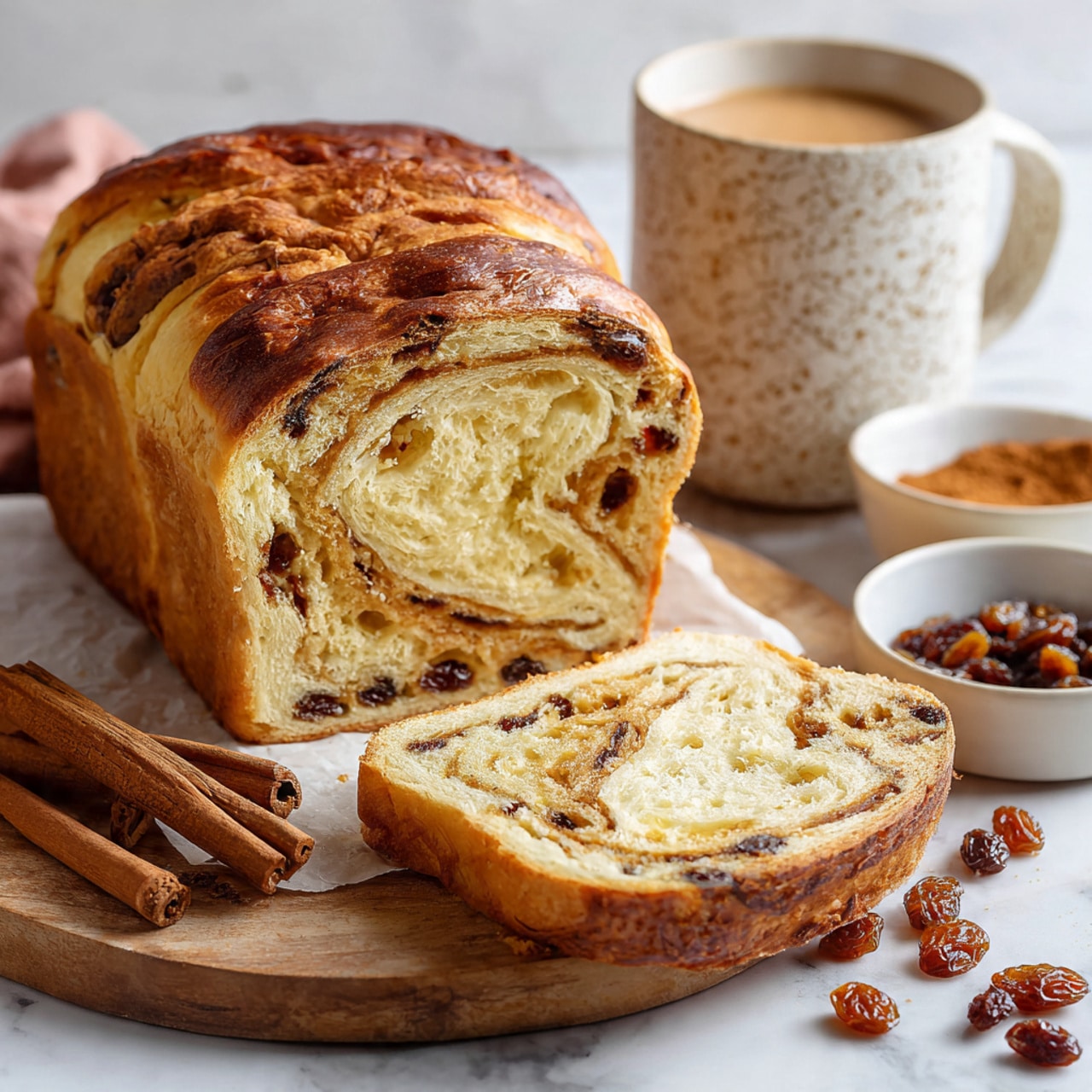 A loaf of raisin bread is shown on a round wooden board placed on a white marbled surface. The bread is golden brown on the crust with a slightly crispy texture. The inside is soft and light with visible layers showing swirls of raisins throughout. One thick slice is cut and laid in front of the main loaf, showing the same texture and raisin pattern. Scattered raisins are on the board around the bread. In the background, there is a speckled white mug filled with a light brown beverage, and a few white bowls contain cinnamon sticks and ground cinnamon. The setting has a warm, cozy feeling. Photo taken with an iphone --ar 4:5 --v 7