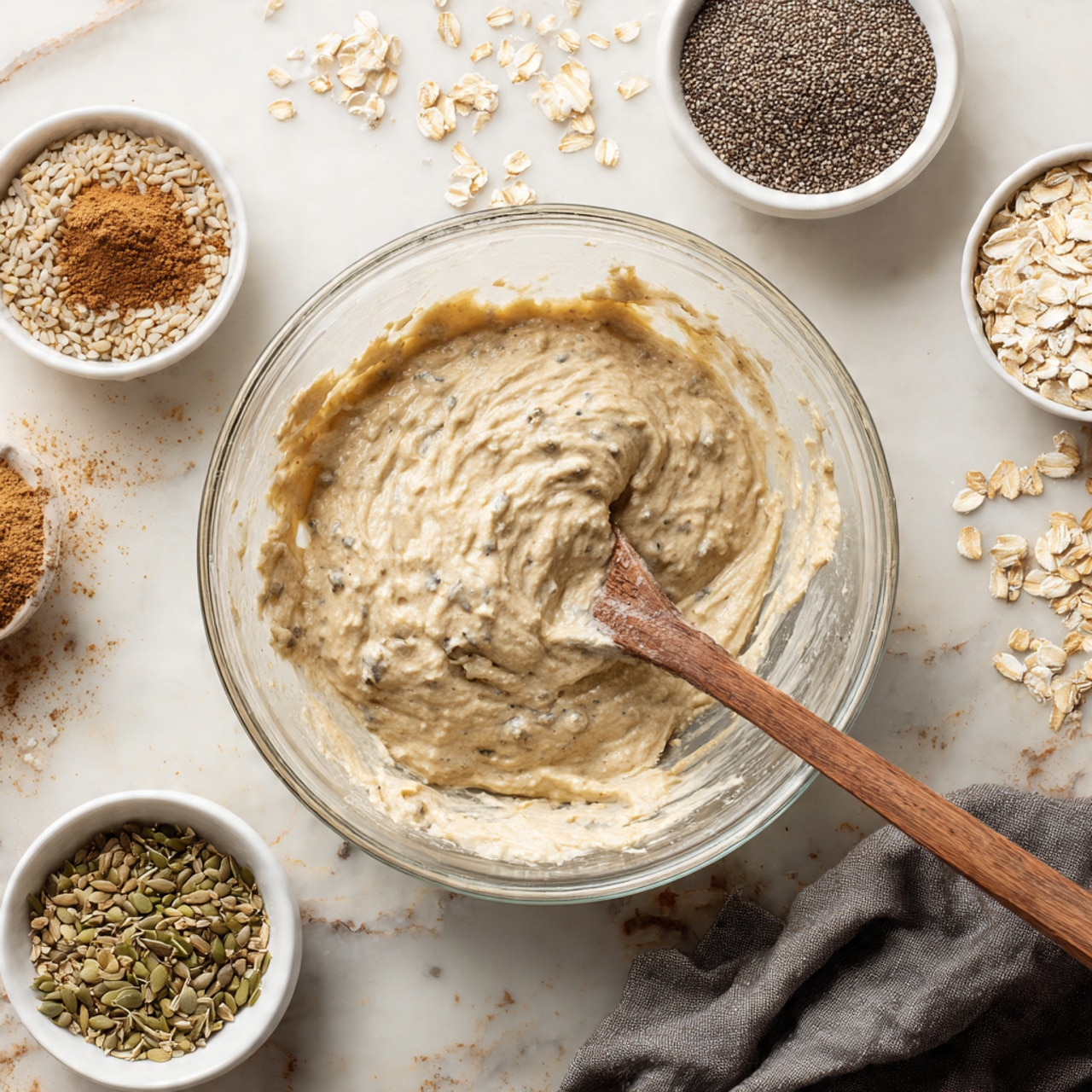 A clear glass bowl filled with thick, creamy beige batter mixed with visible oats and seeds sits at the center on a white marbled surface. A wooden spoon with a long handle rests inside the bowl, partially covered in the batter. Around the bowl, there are five small white bowls holding ingredients: light brown rolled oats, dark chia seeds, light tan sunflower seeds, green hemp seeds, and a brown powdered spice. Some oats are scattered loosely on the marbled surface near the bowls. A crumpled dark gray cloth lies partially under the glass bowl on the right side. The overall scene is softly lit, showing texture and natural colors of the food ingredients photo taken with an iphone --ar 4:5 --v 7